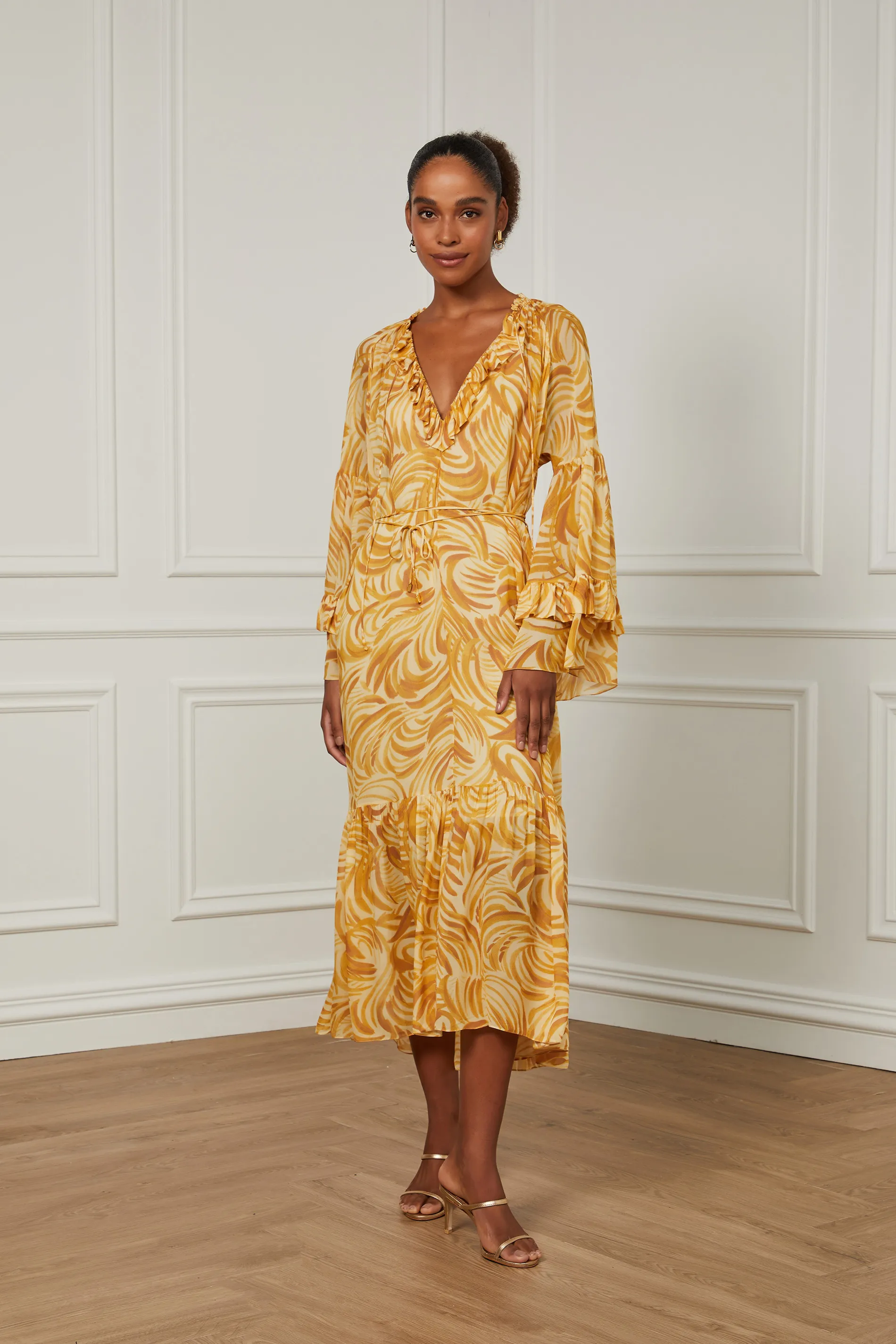 Vestido De Georgette Leve Midi Manga Longa Estampado