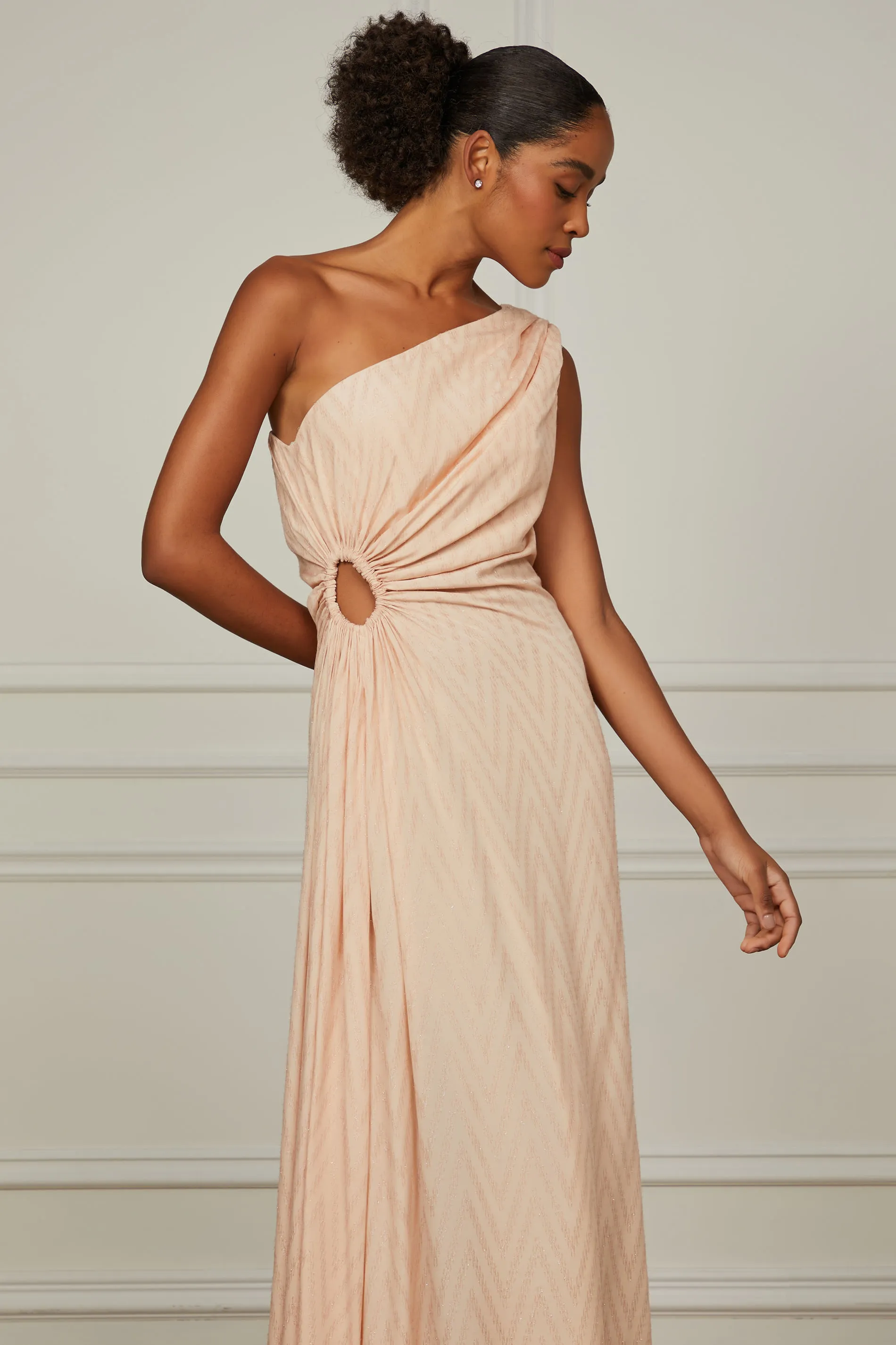 Vestido Longo Lurex Rosa Um Ombro Só