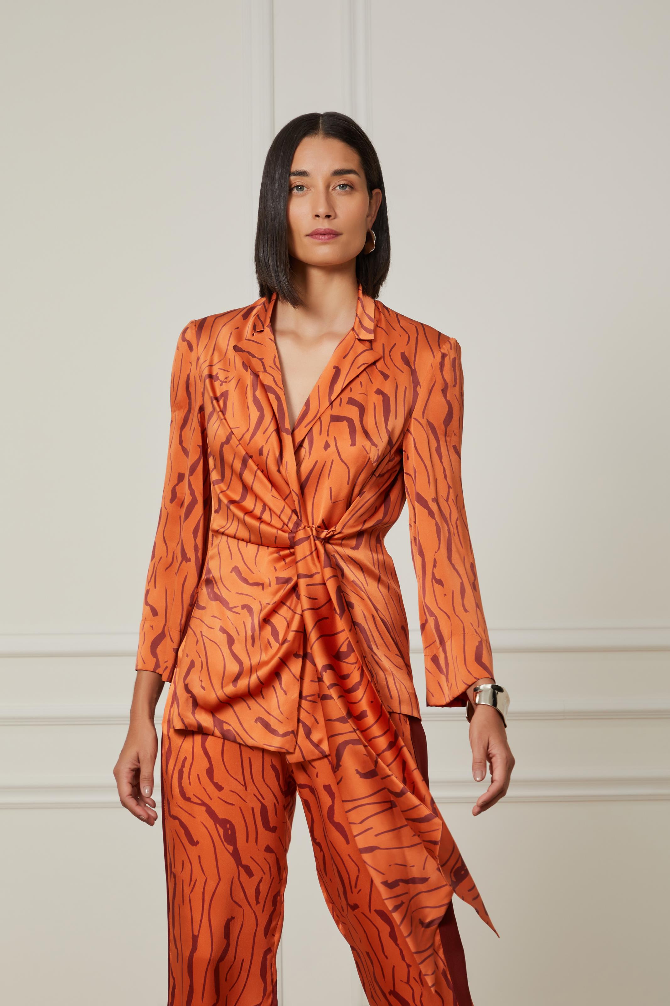 Blazer De Cetim De Seda Textura Casca Amarração