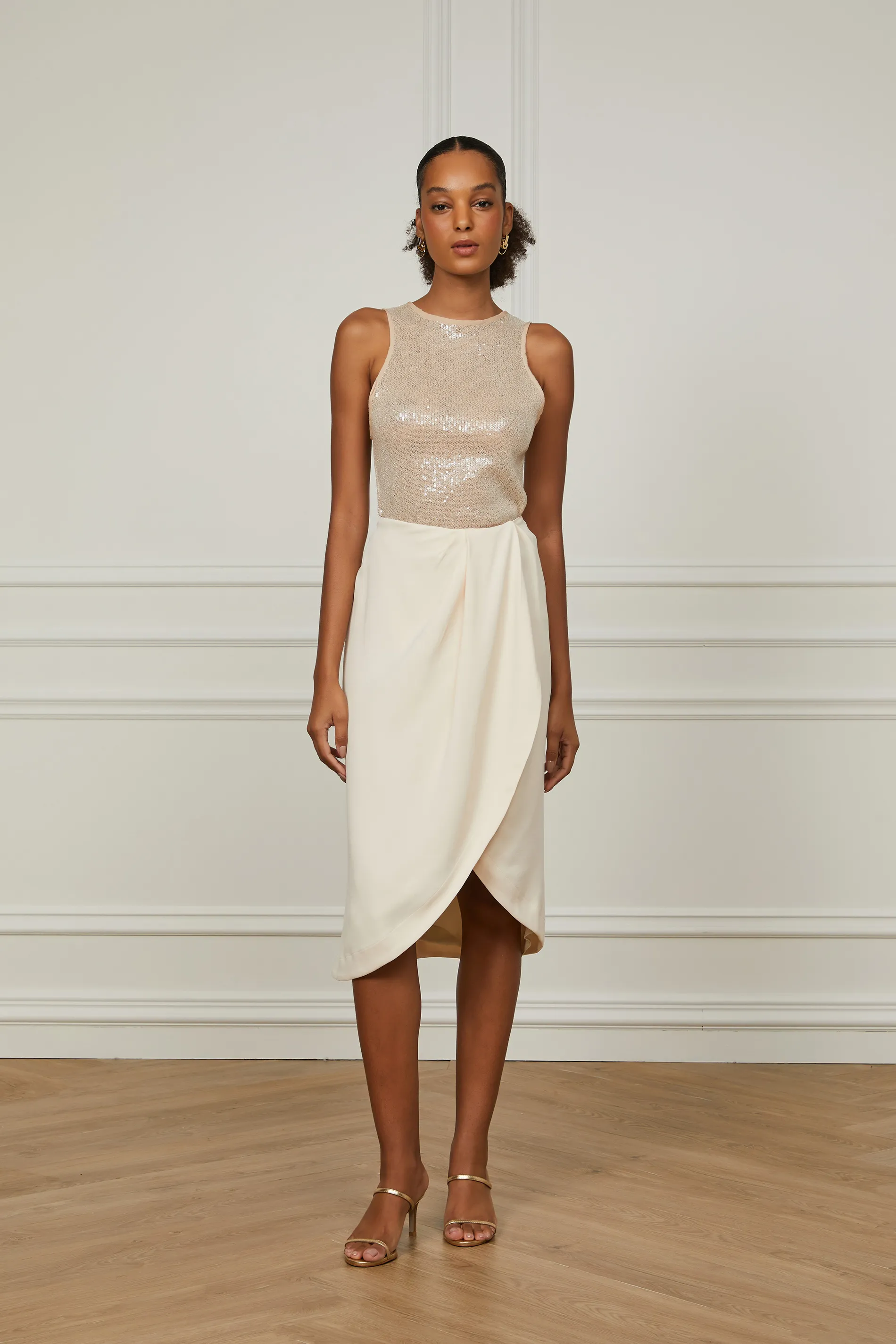 Saia Midi De Crepe Com Drapeado Frontal