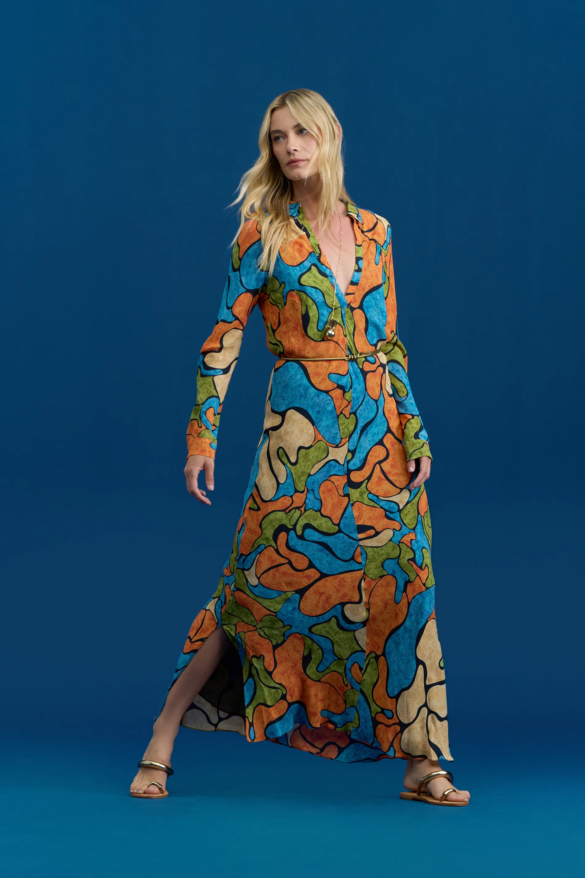 Vestido De Georgette Pesado Longo Polo Estampado Manga Longa