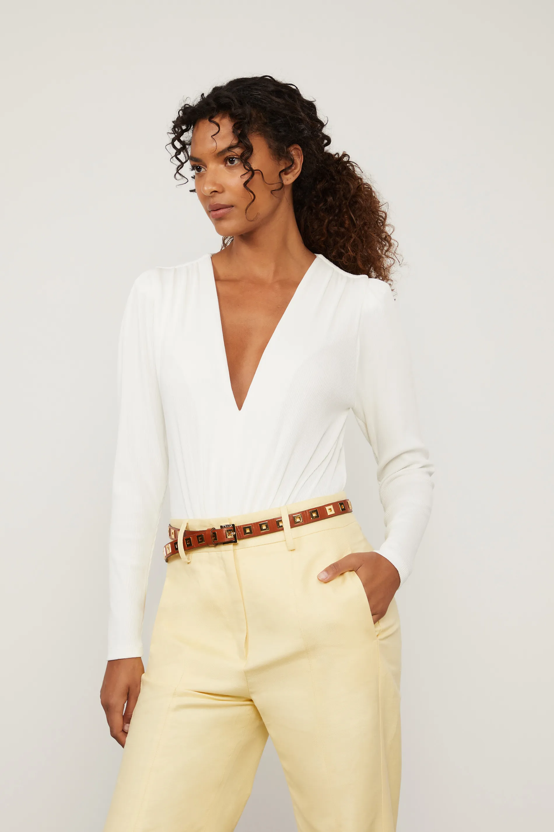 Body Canelado De Manga Longa Com Decote v