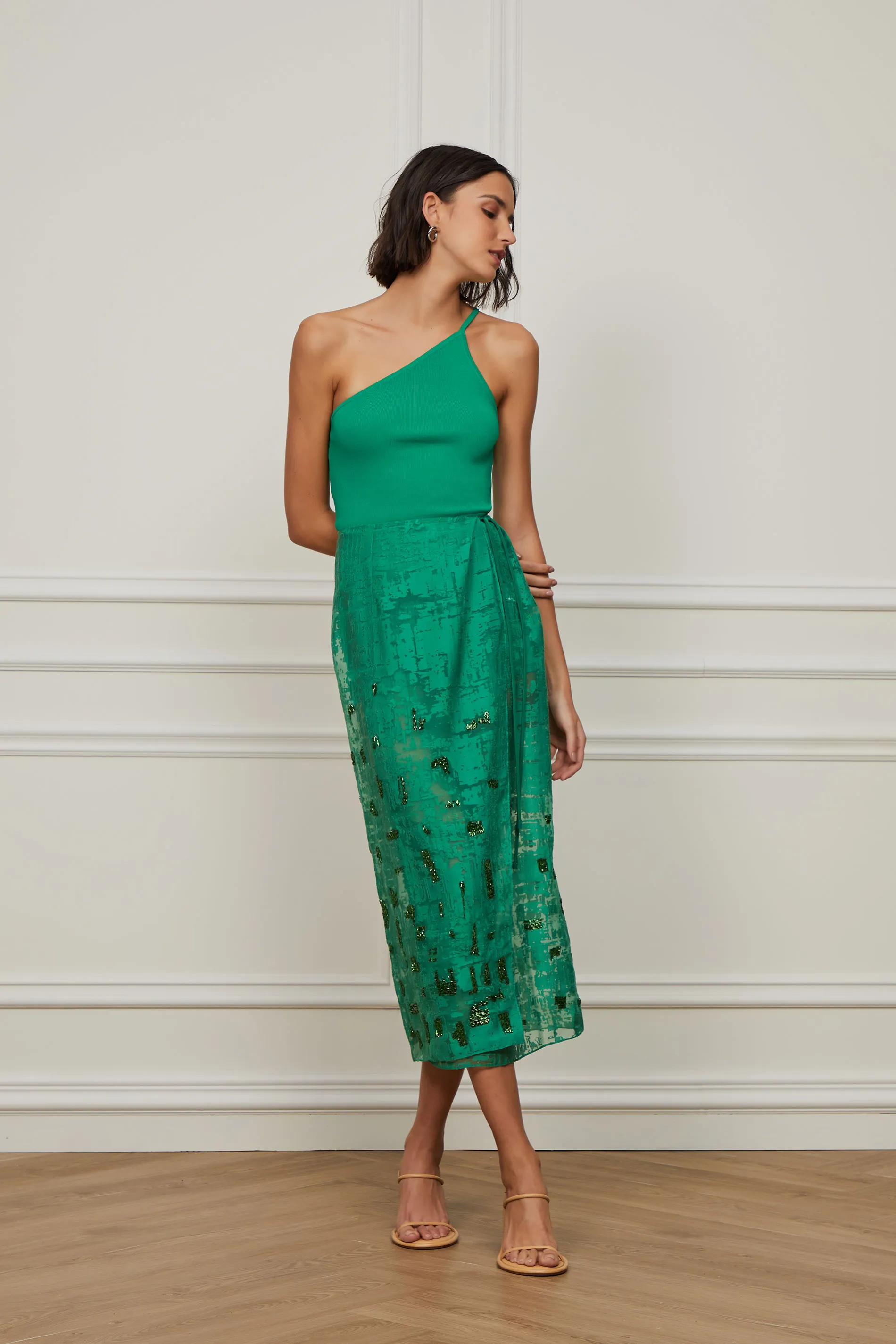 Saia De Devorê Pareô Verde Bordada Com Hotpants