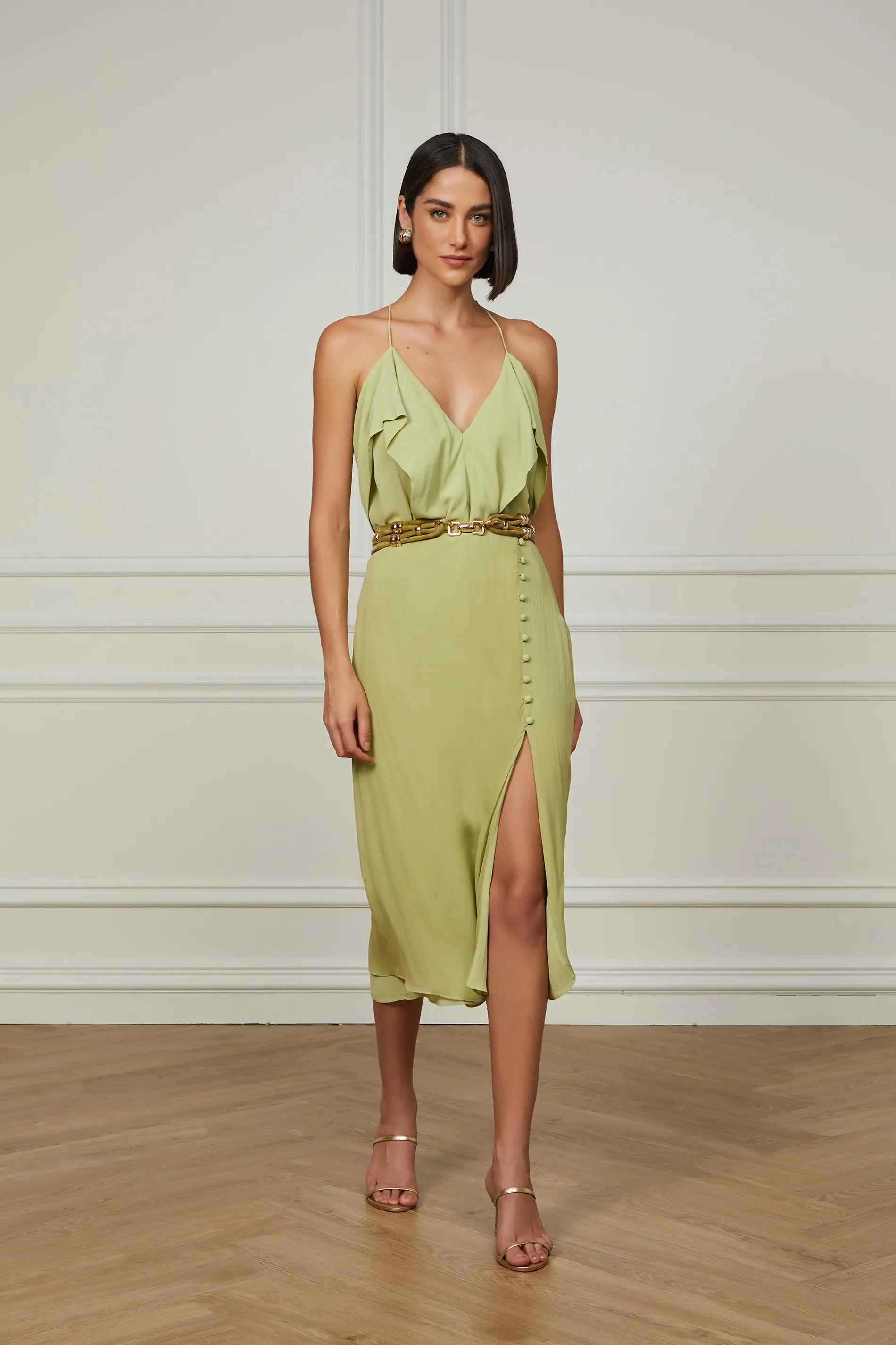 Saia De Georgette Midi Com Botões Laterais