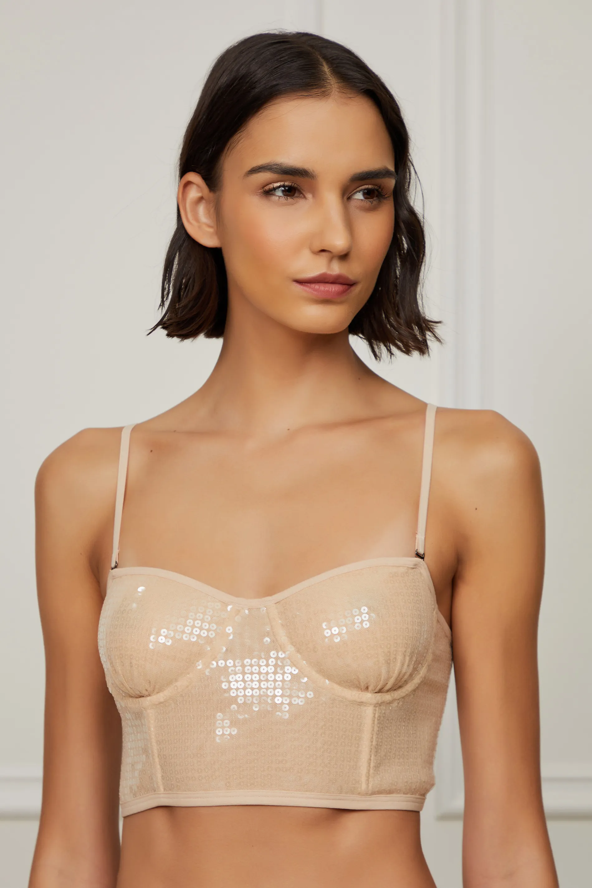 Corset Recortes De Paetê Bege