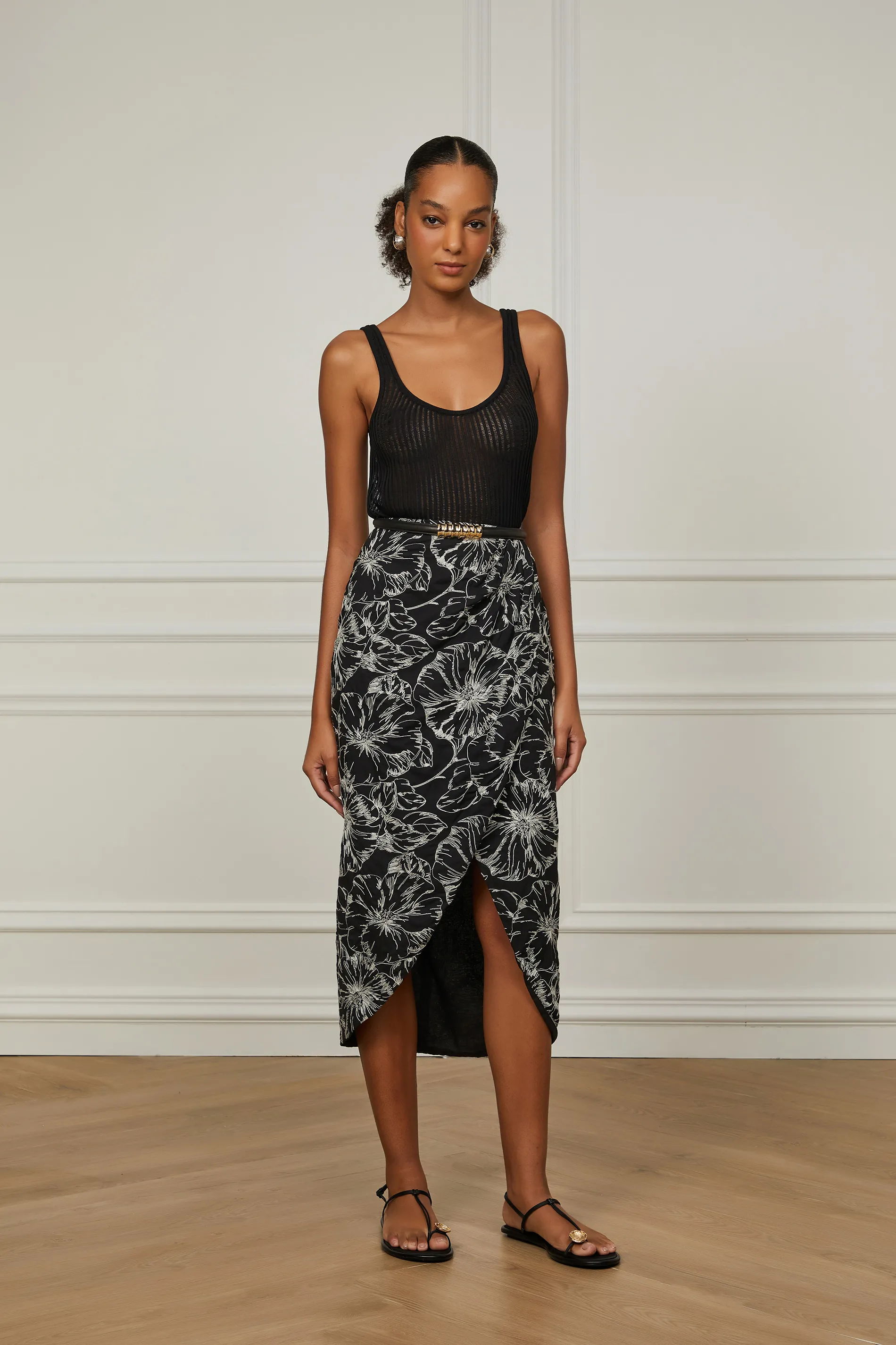 Saia Midi Transpassada De Algodão Bordado