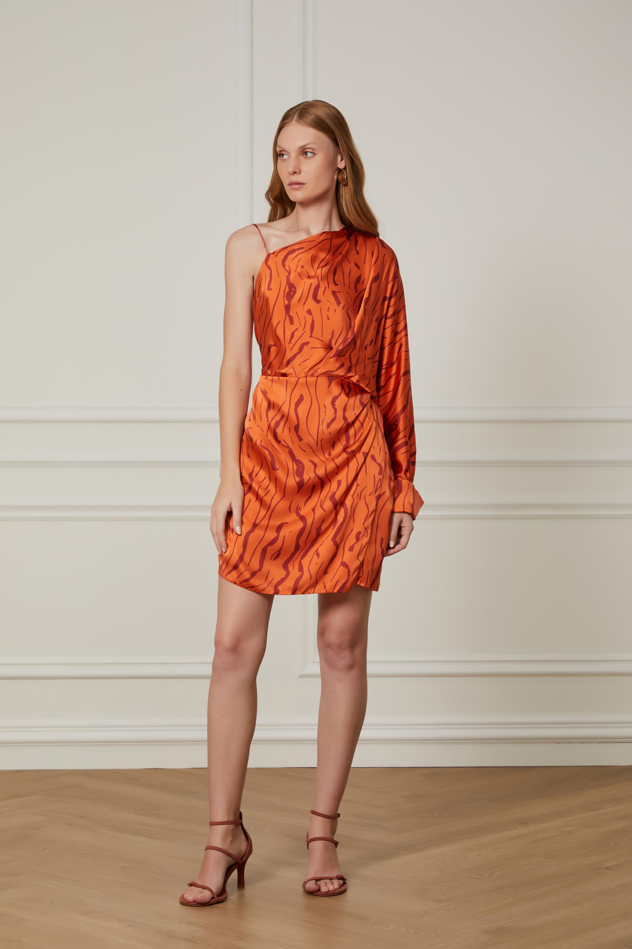 Vestido De Seda Curto Um Ombro Só Manga Longa Estampado