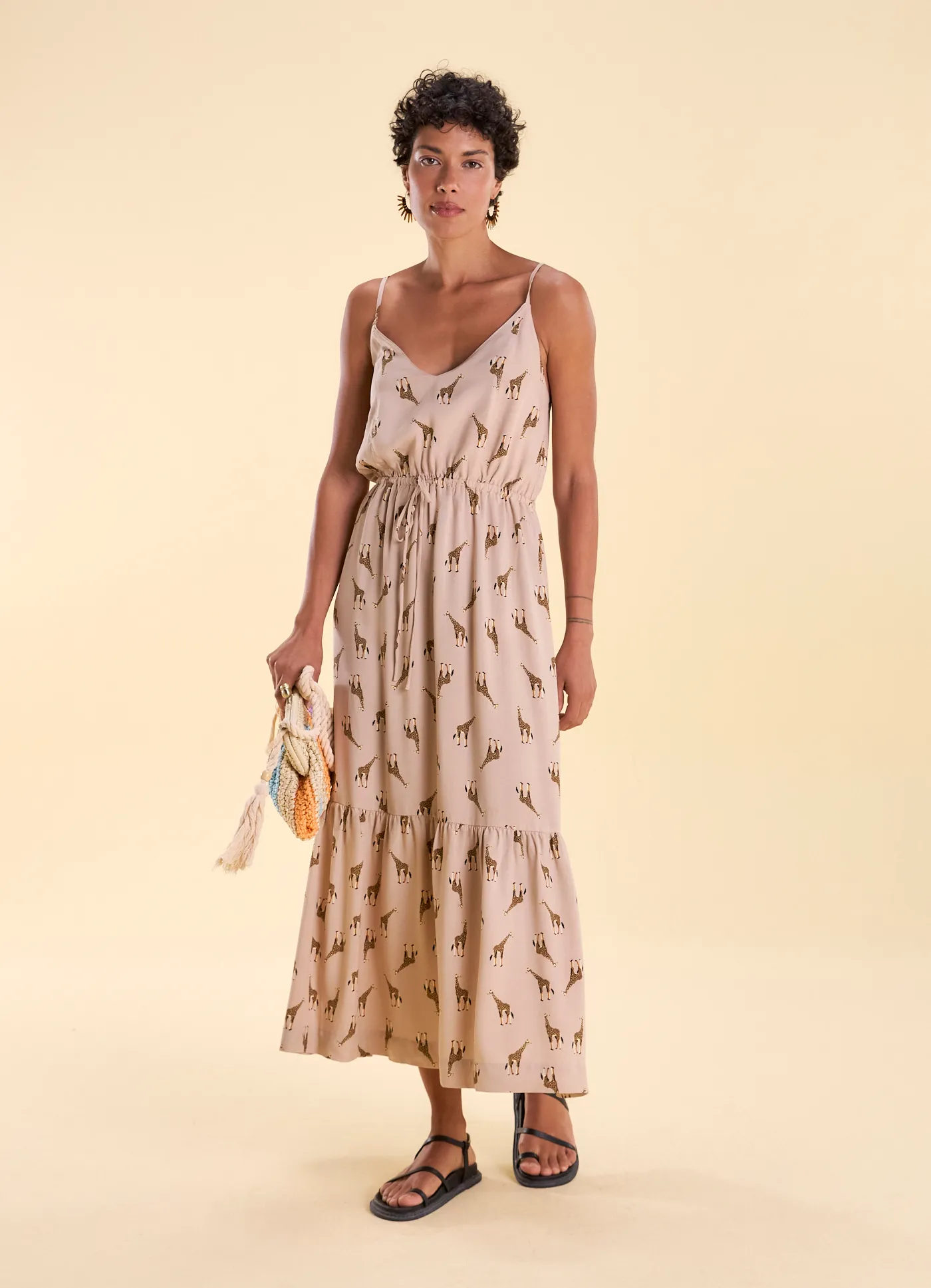 Vestido decote v amarração estampado tambac