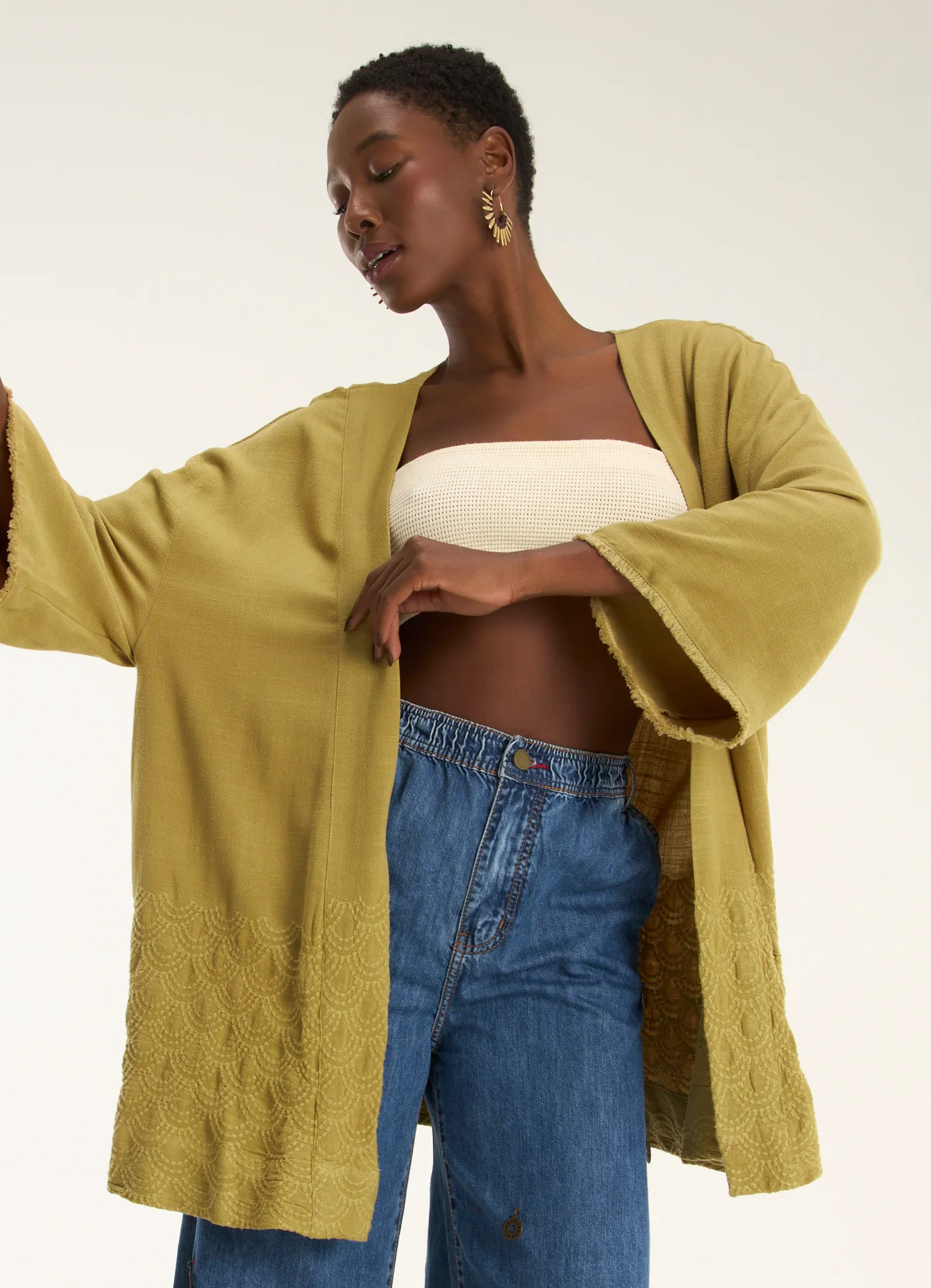 Kimono linho bordado dunas verde escuro