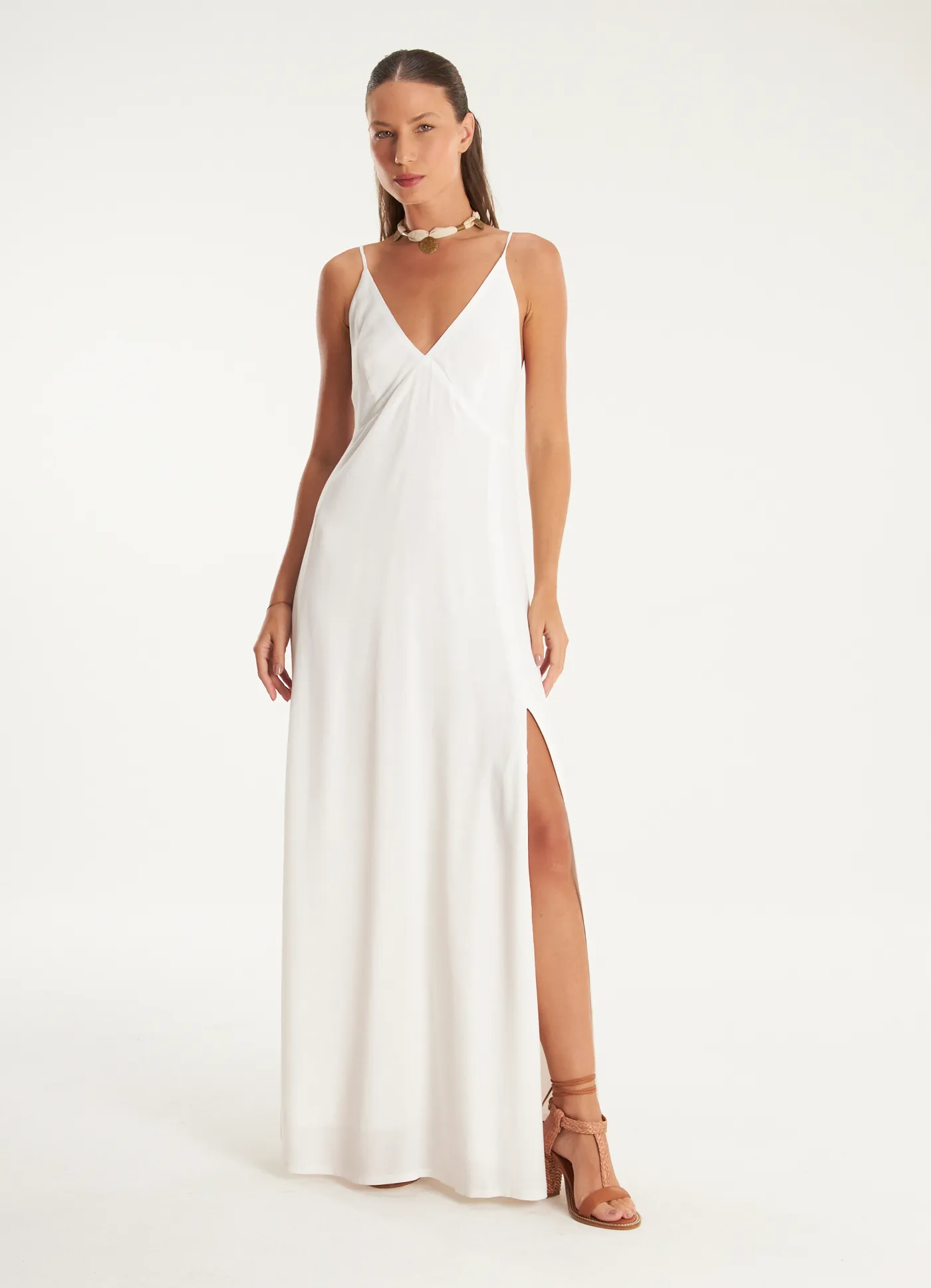 Vestido alça longo crepe lótus off white