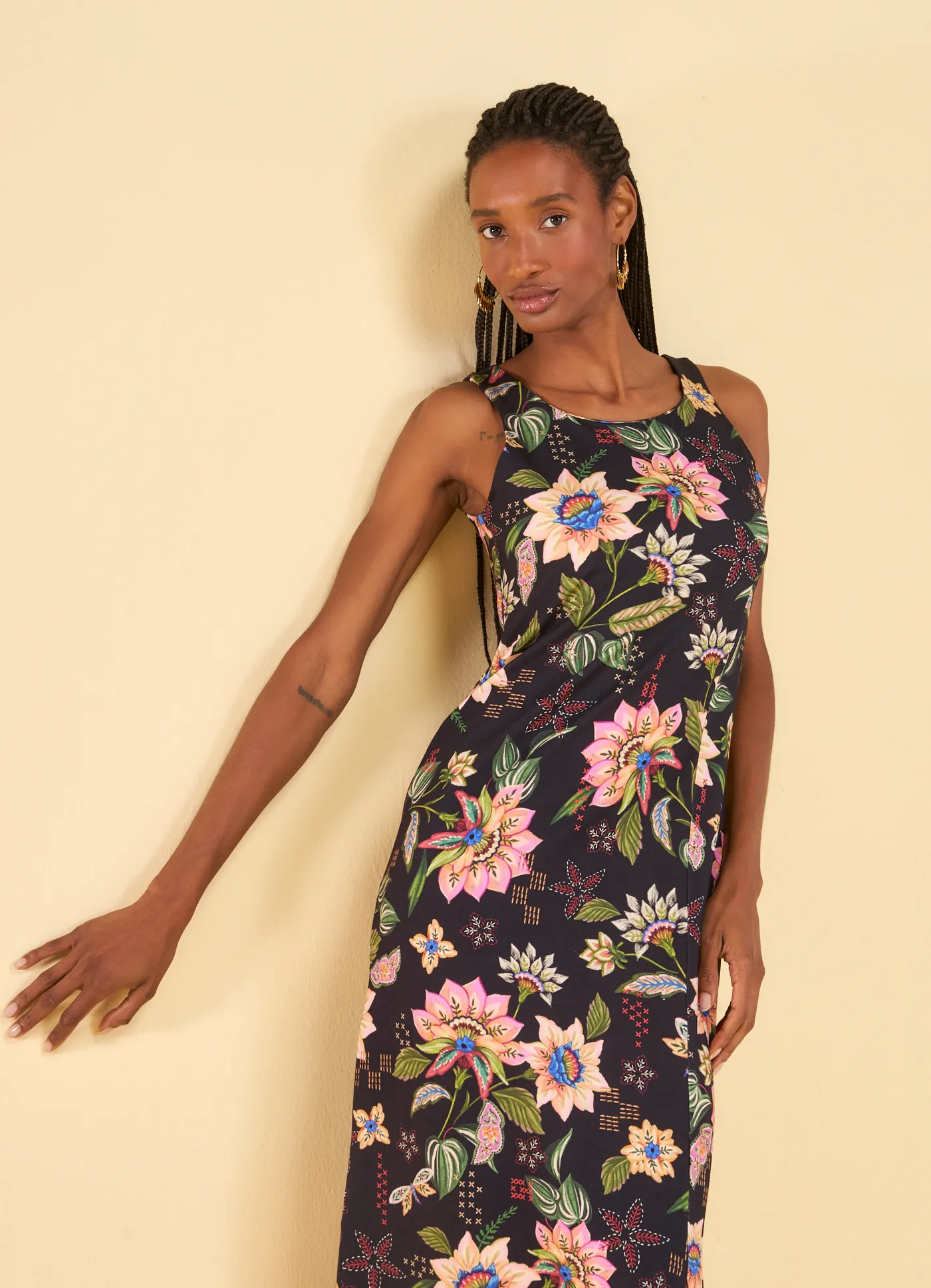 Vestido midi fenda malha estampado craft