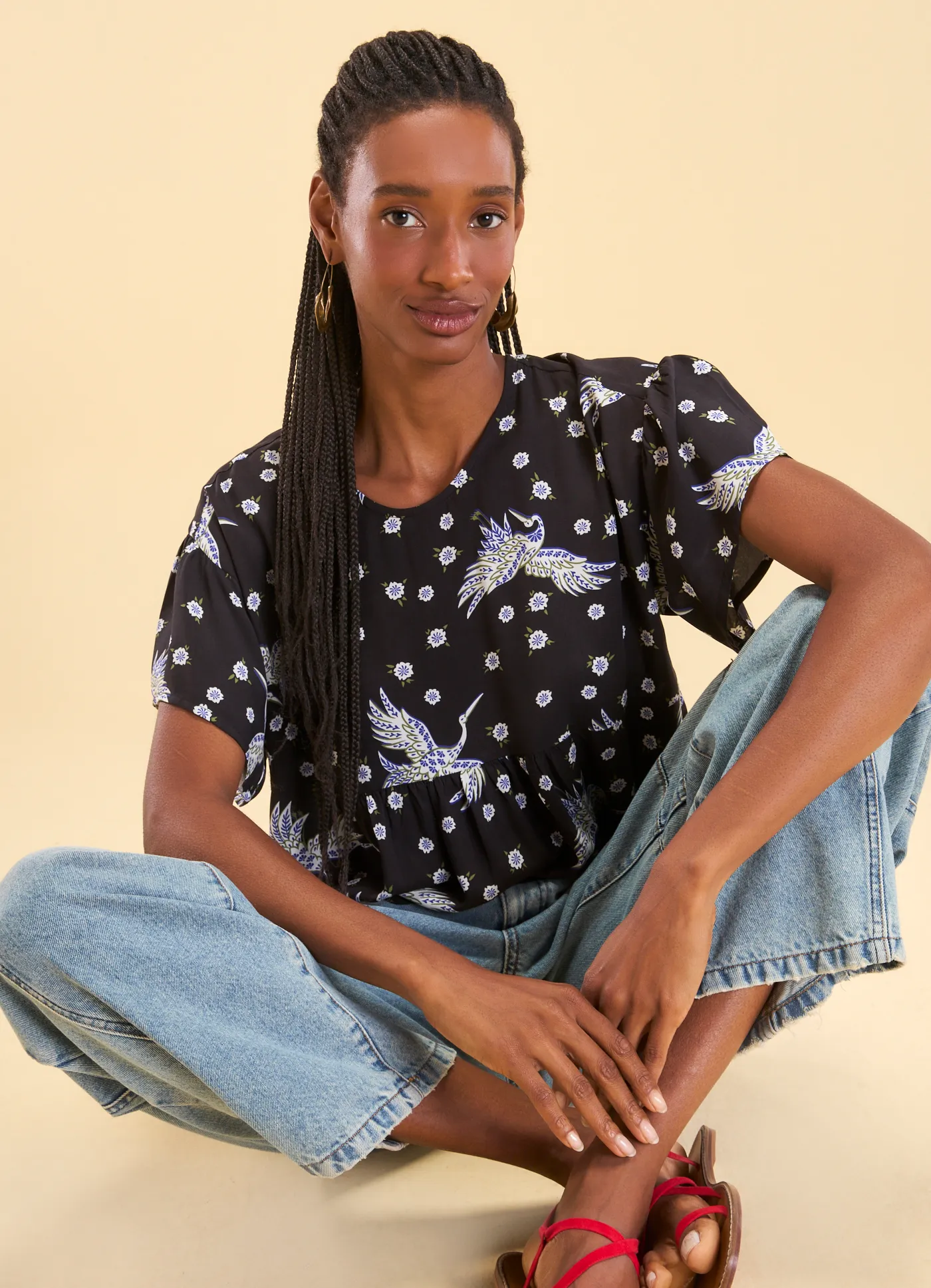 Blusa manga franzida estampada revoada