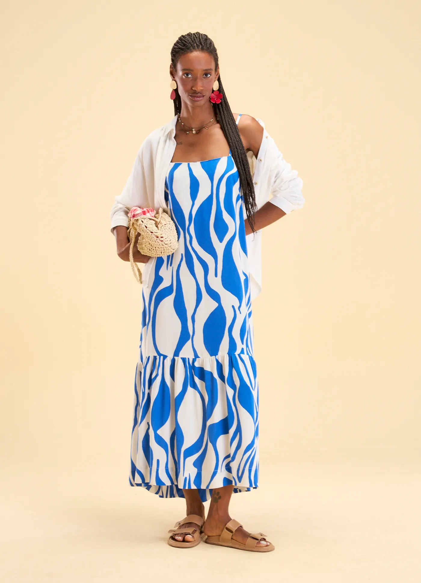 Vestido longo alcinha estampado maré azul