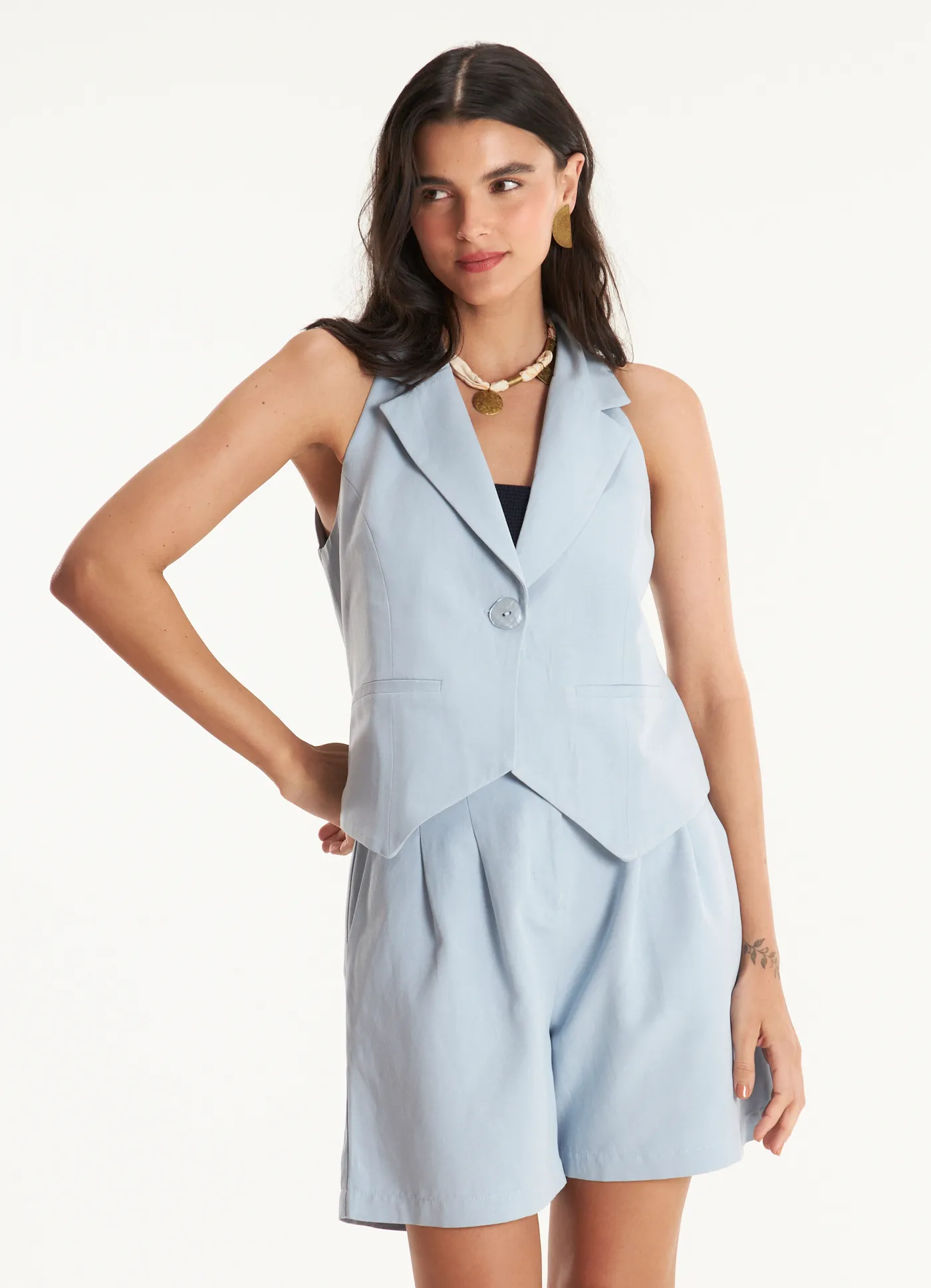 Colete linho alfaiataria relicário azul