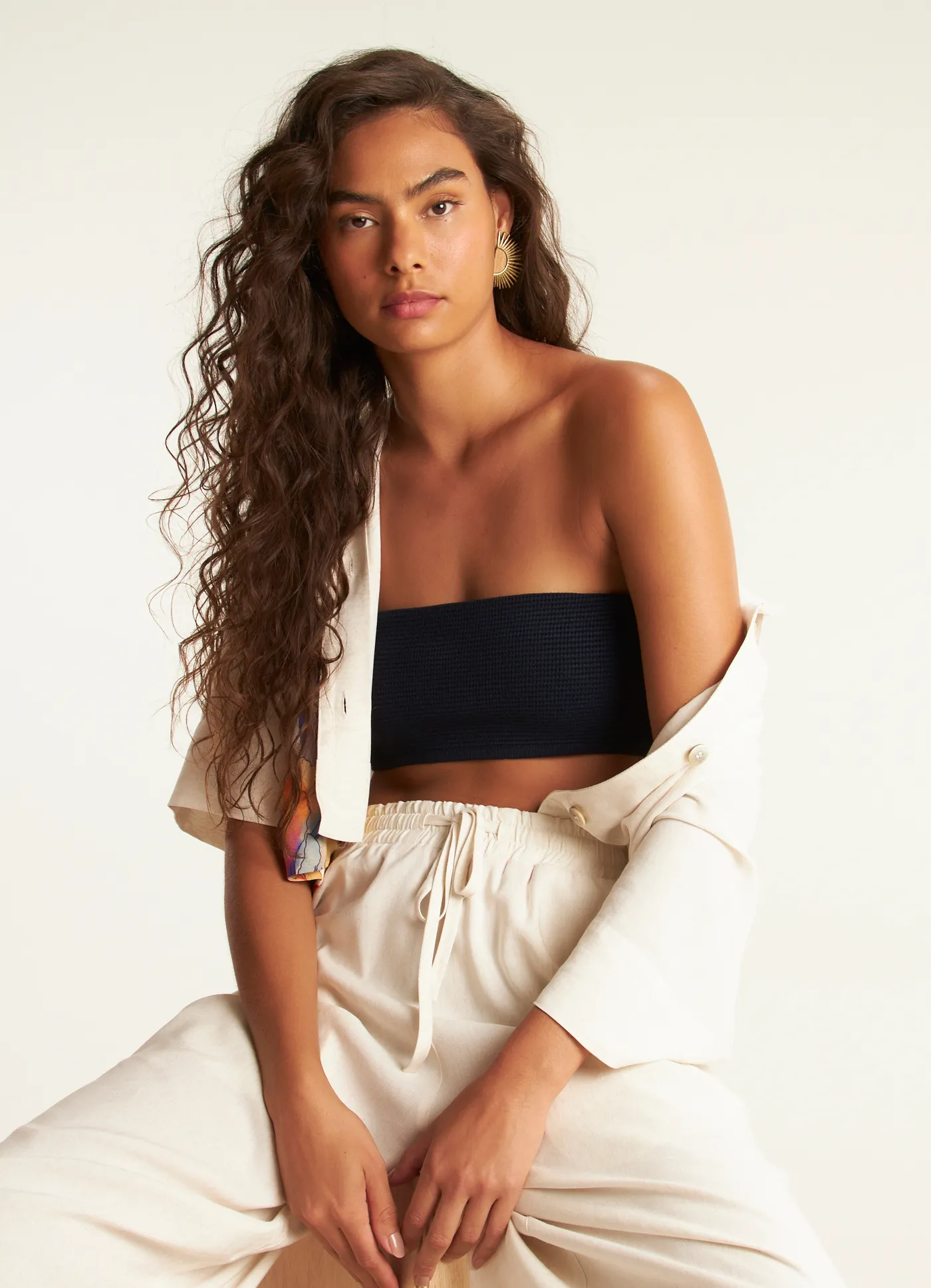 Top faixa tricô lab azul marinho