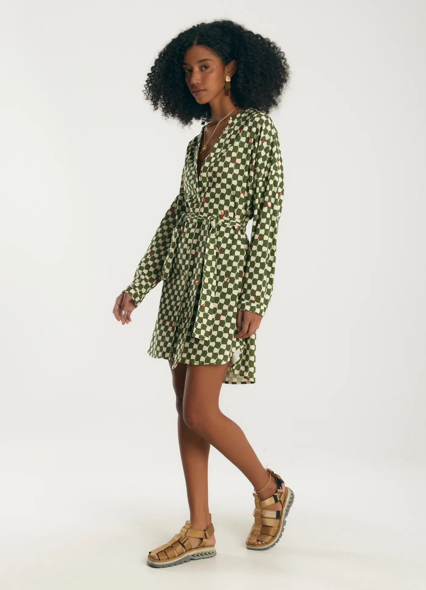 Vestido linho curto estampado chilli