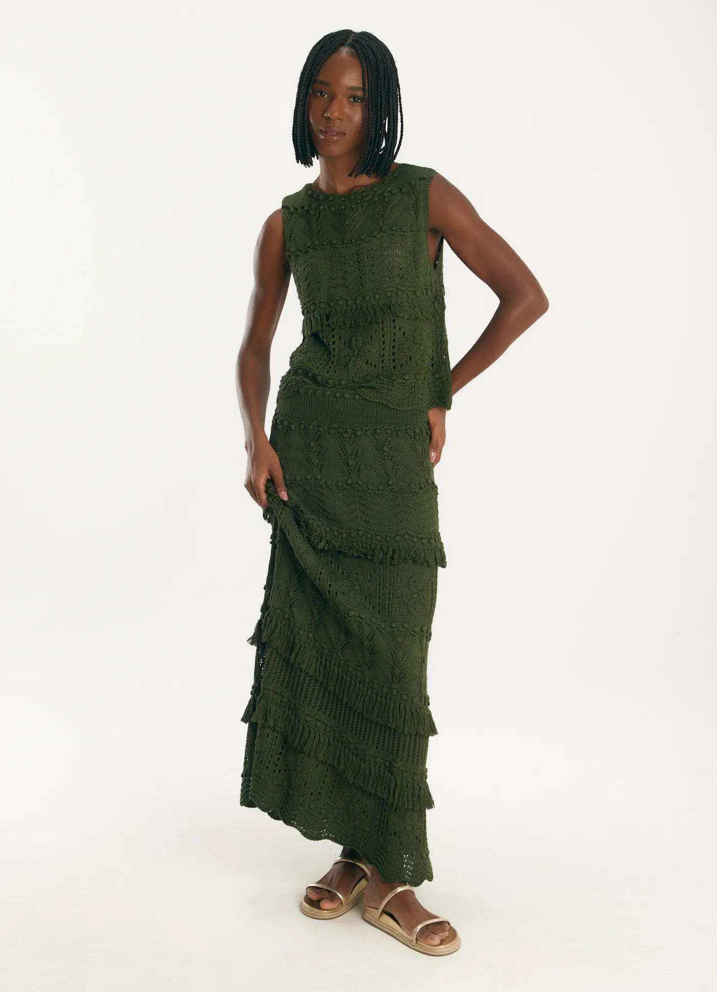 Saia maxi pontos tricô verde escuro