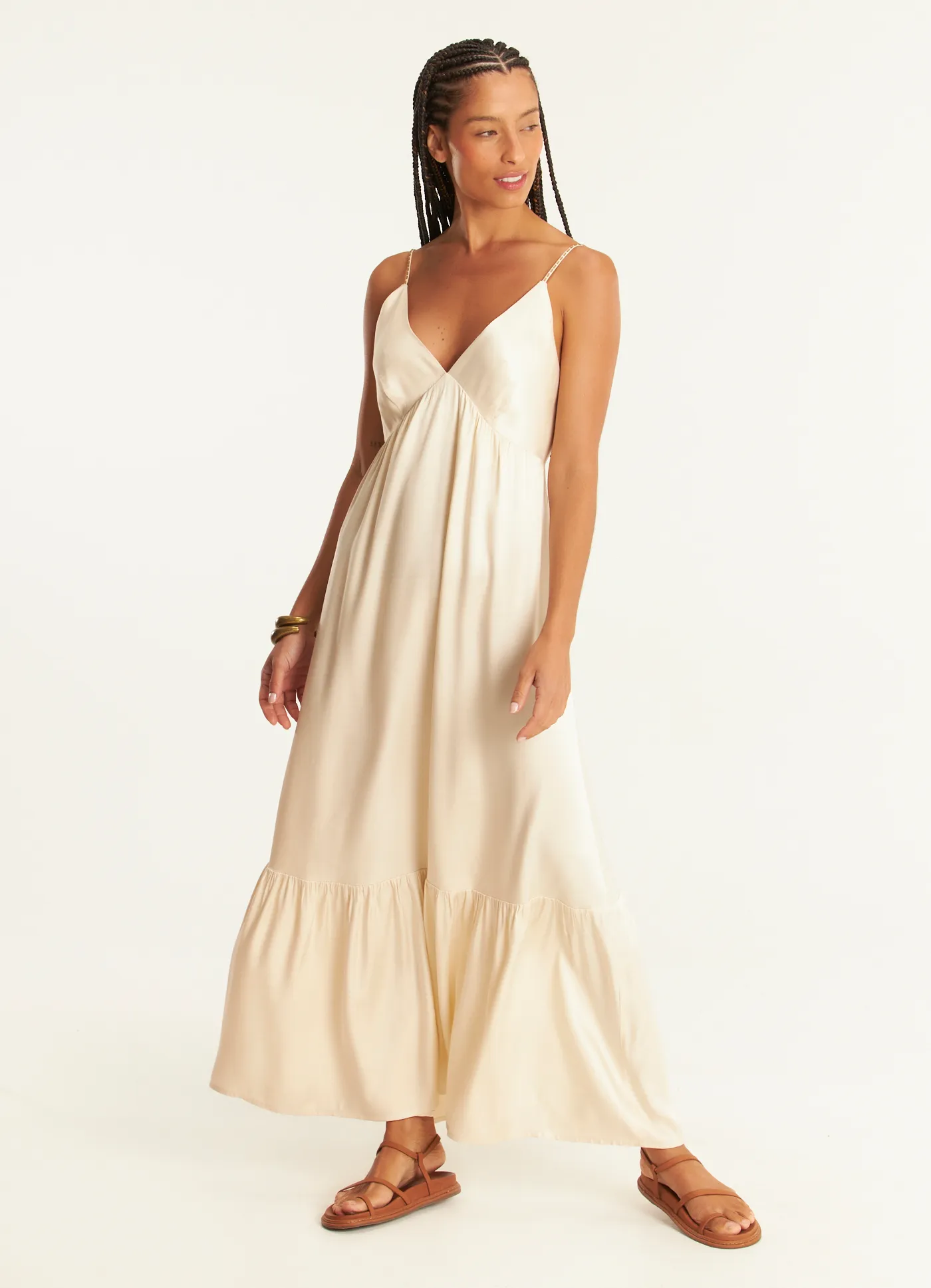 Vestido alça viscose acetinada glow areia