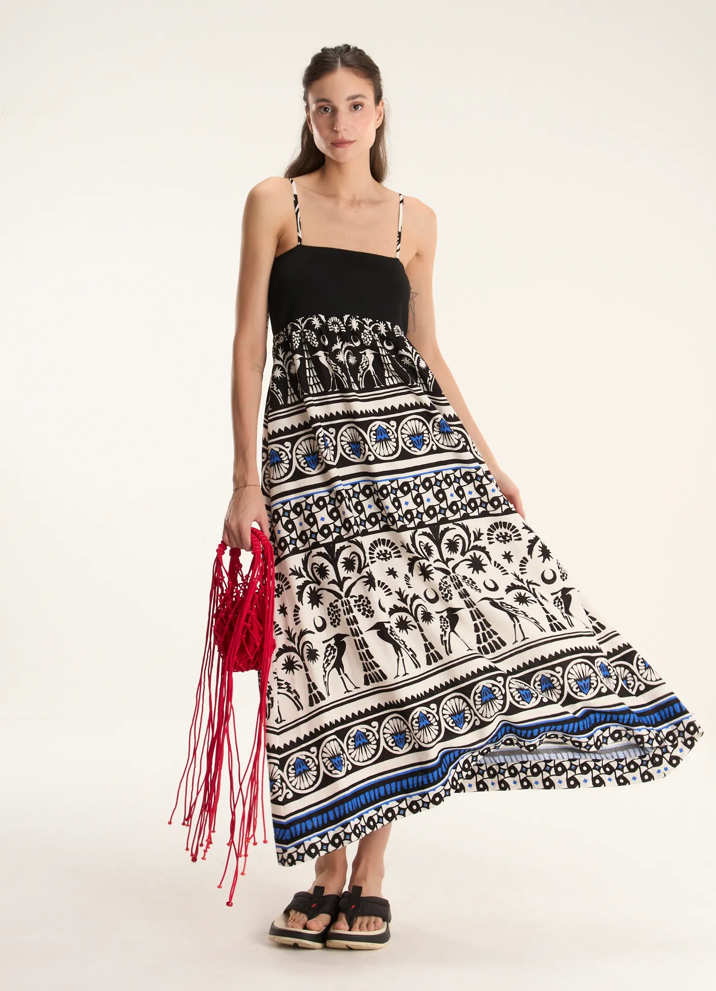 Vestido linho alcinha estampado tamareira