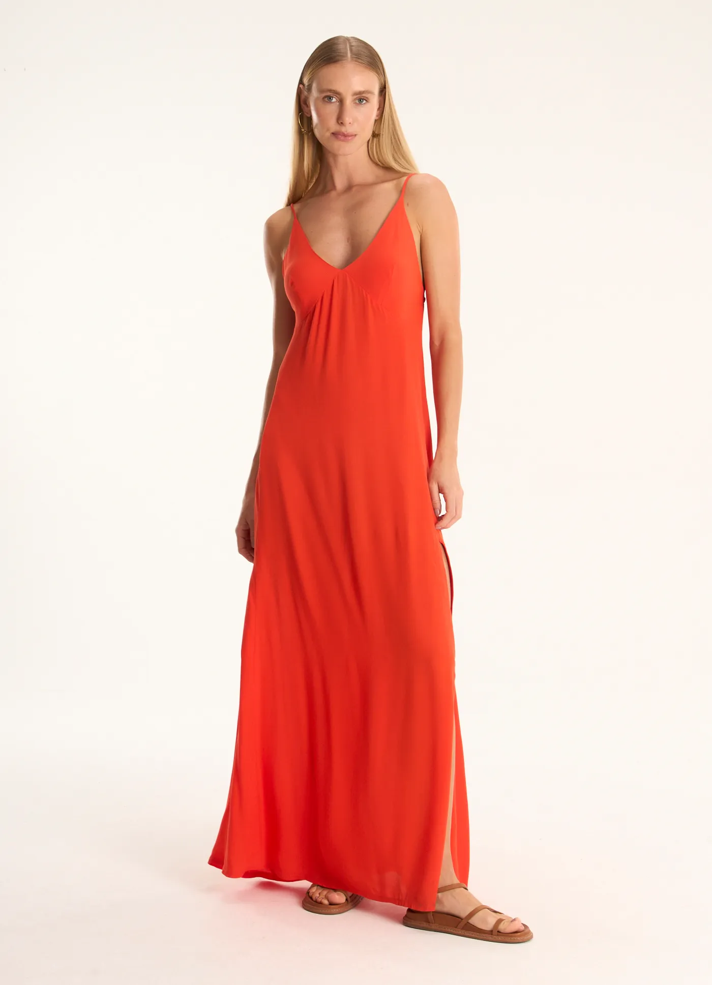 Vestido alça longo crepe lótus vermelho