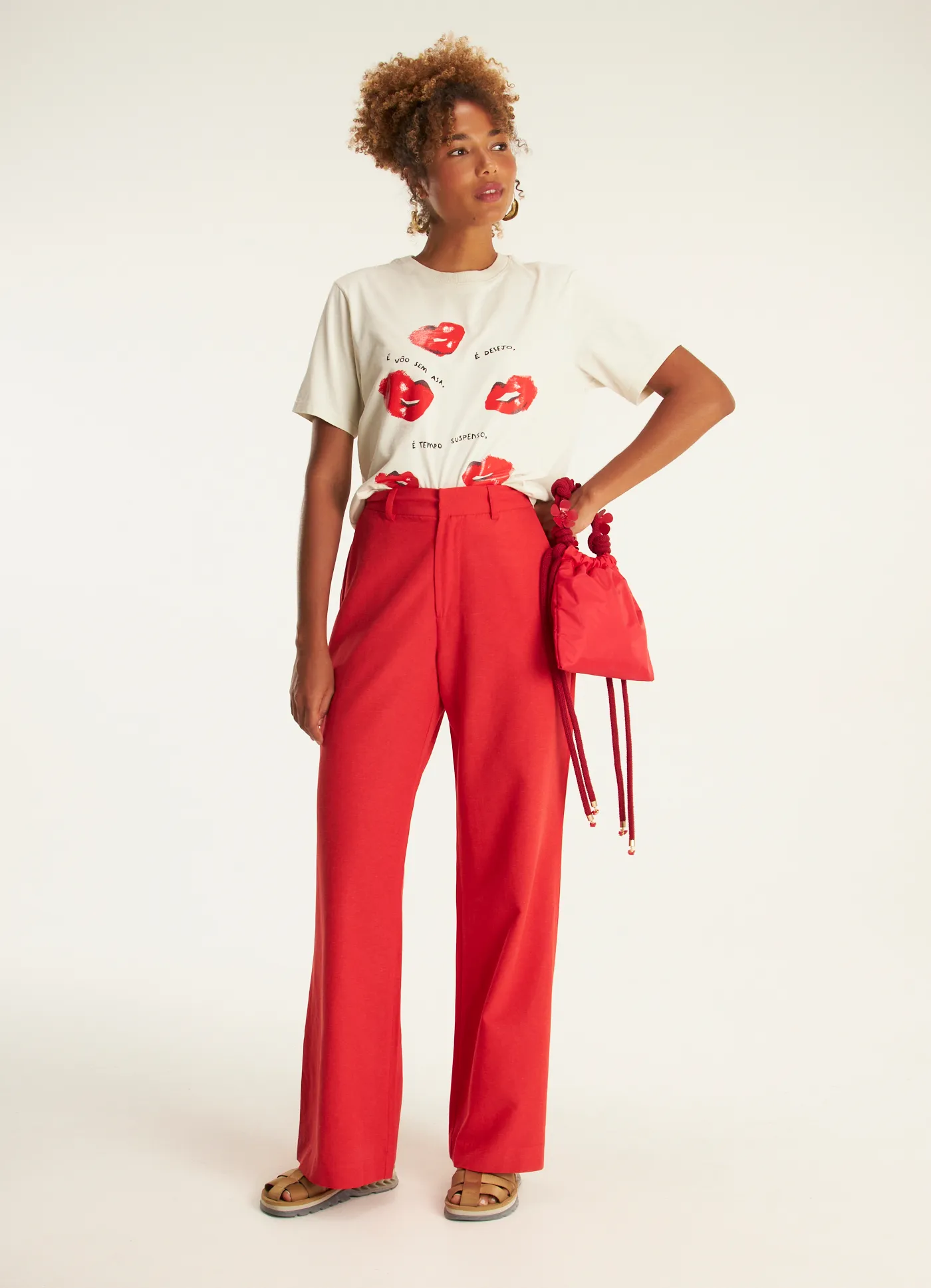 Calça pantalona linho alfaiataria vermelho