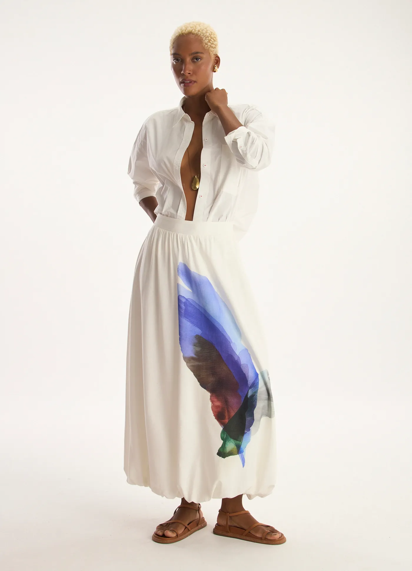 Saia balone linho estampada beija flor