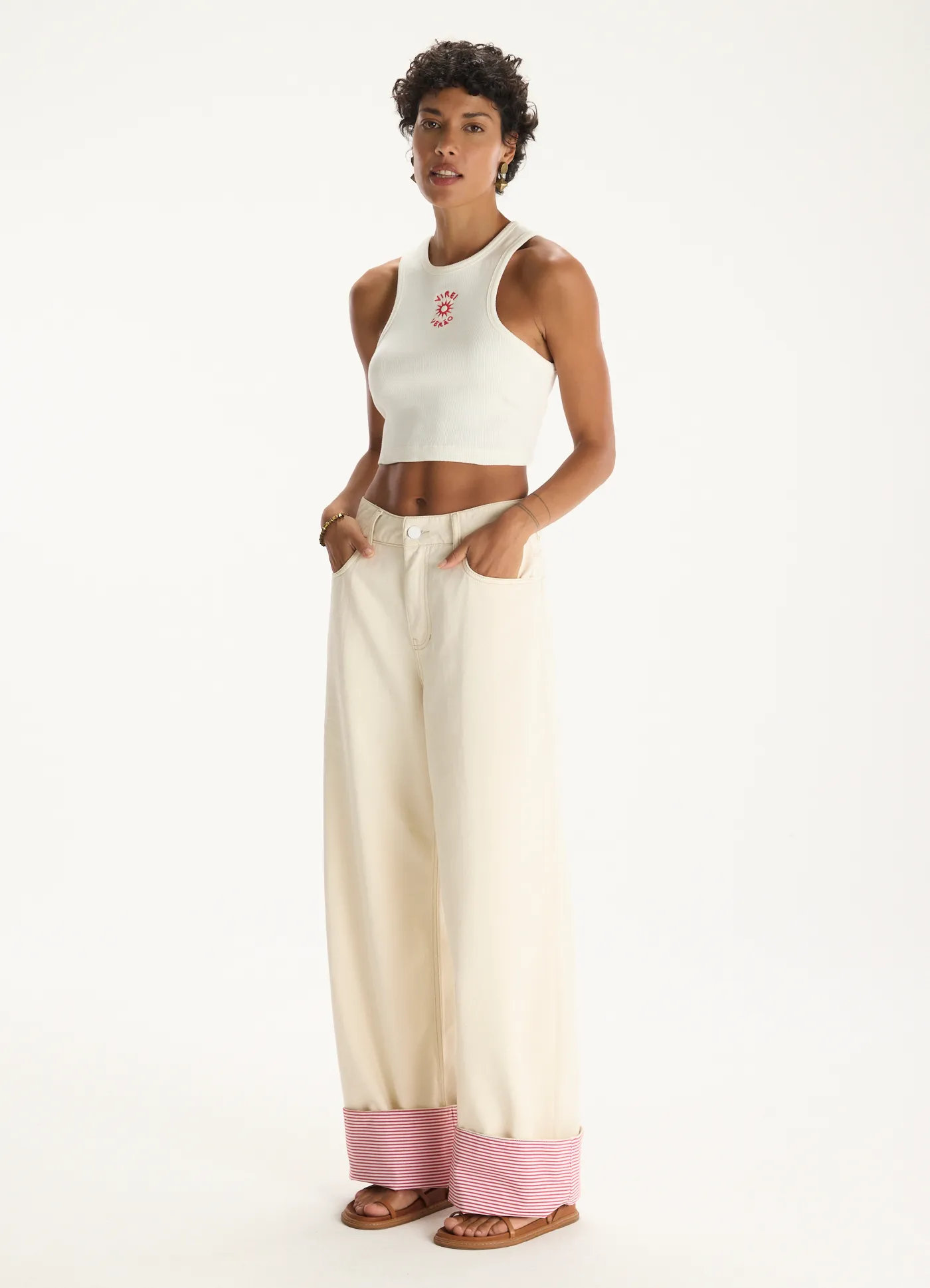 Calça sarja wide leg virei verão off white