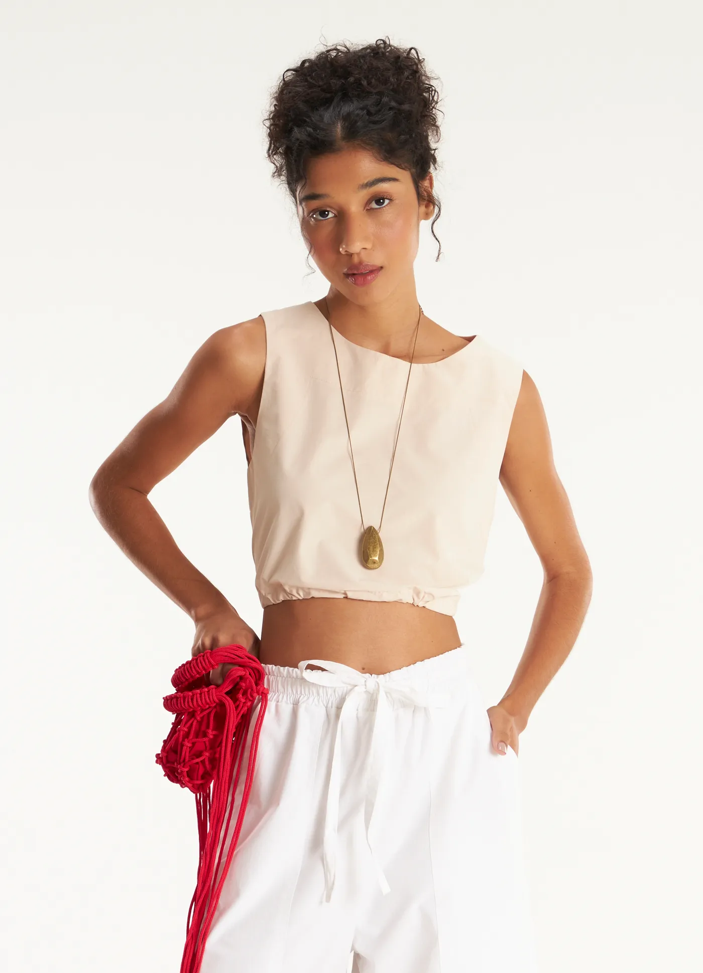 Cropped algodão amarração lab areia