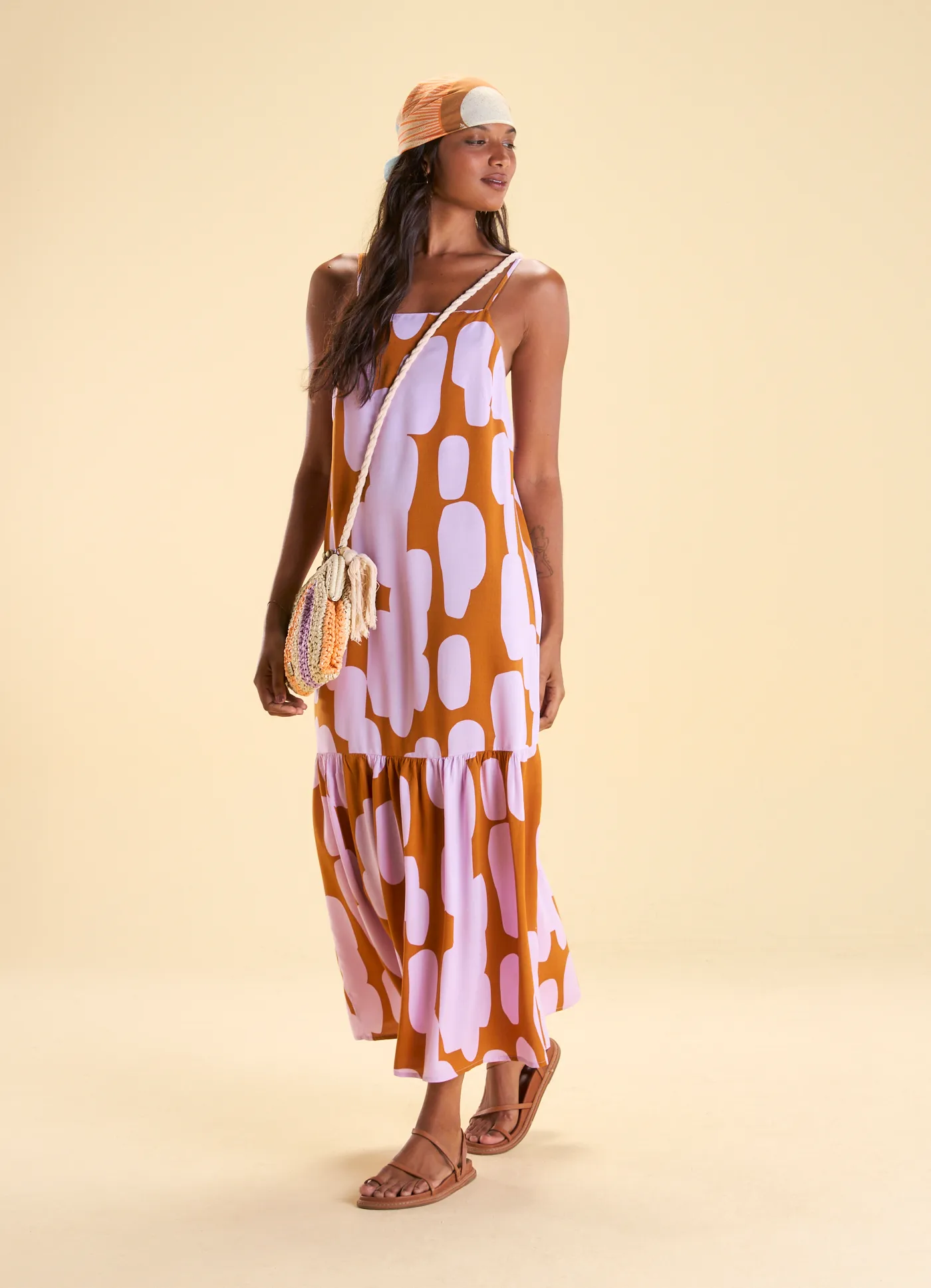 Vestido longo franzido estampado algodão doce