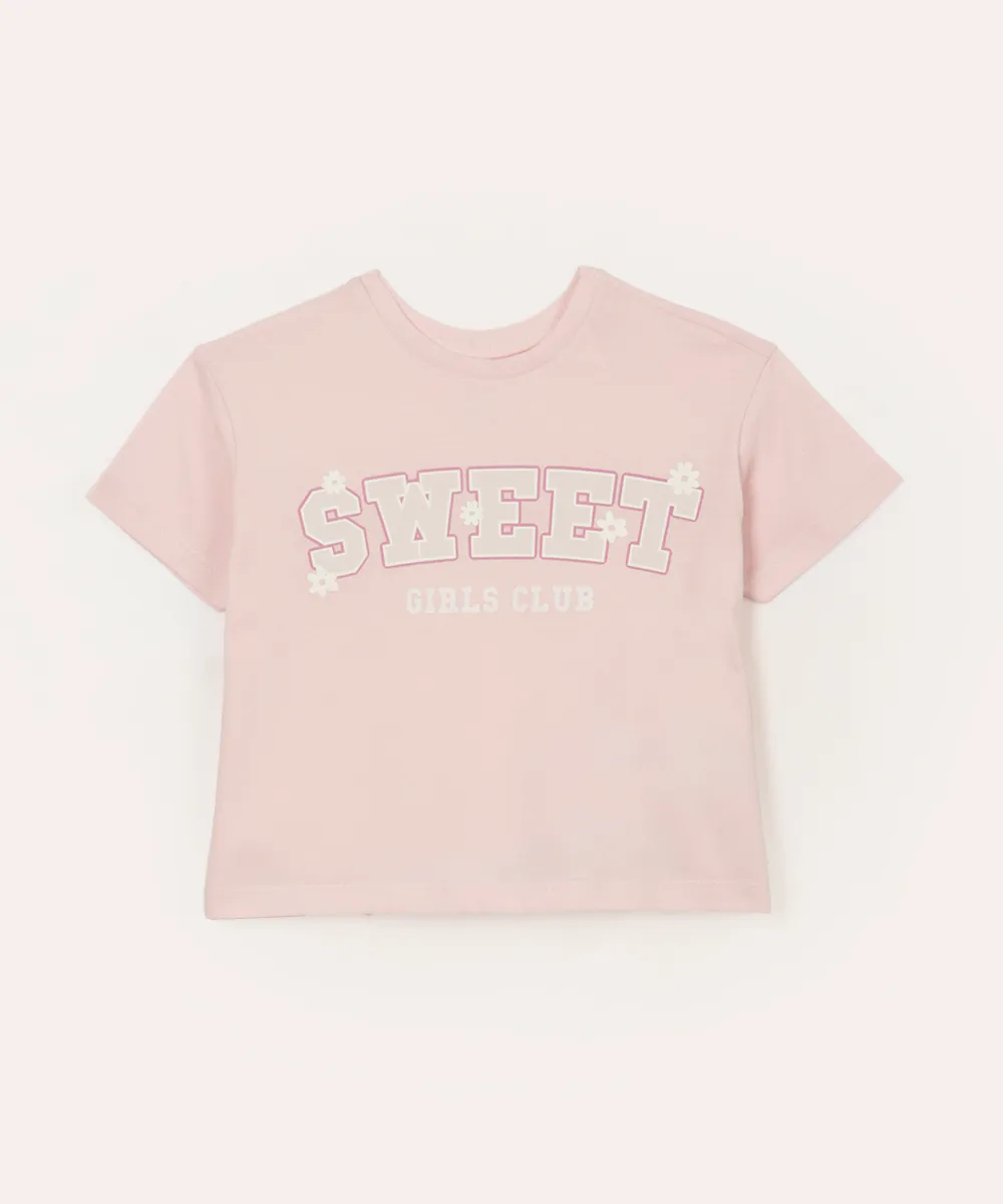 camiseta de algodão infantil manga curta sweet rosa