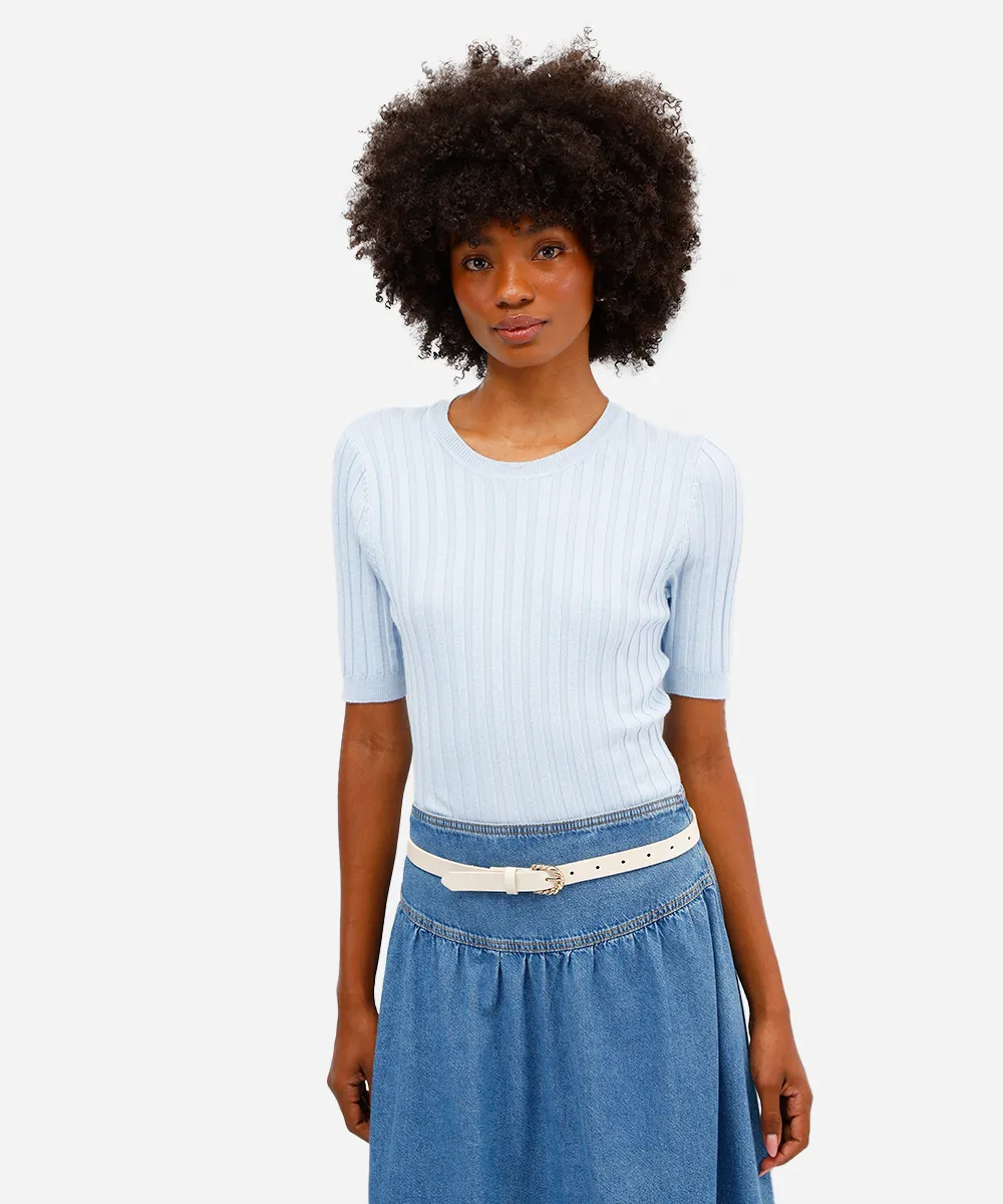 blusa feminina de tricot canelada manga curta azul