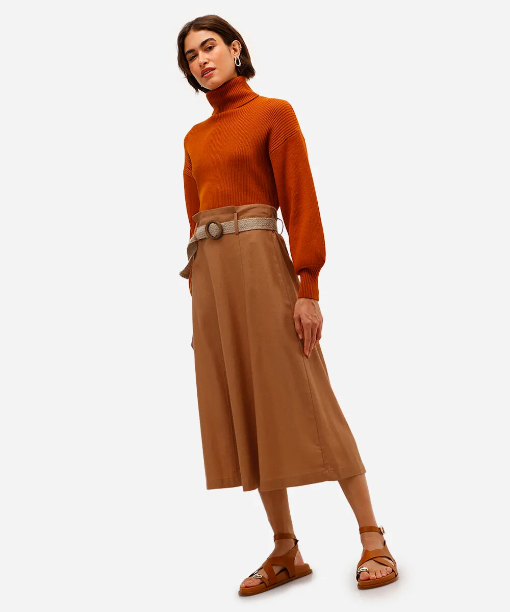 saia midi com linho cintura alta bege