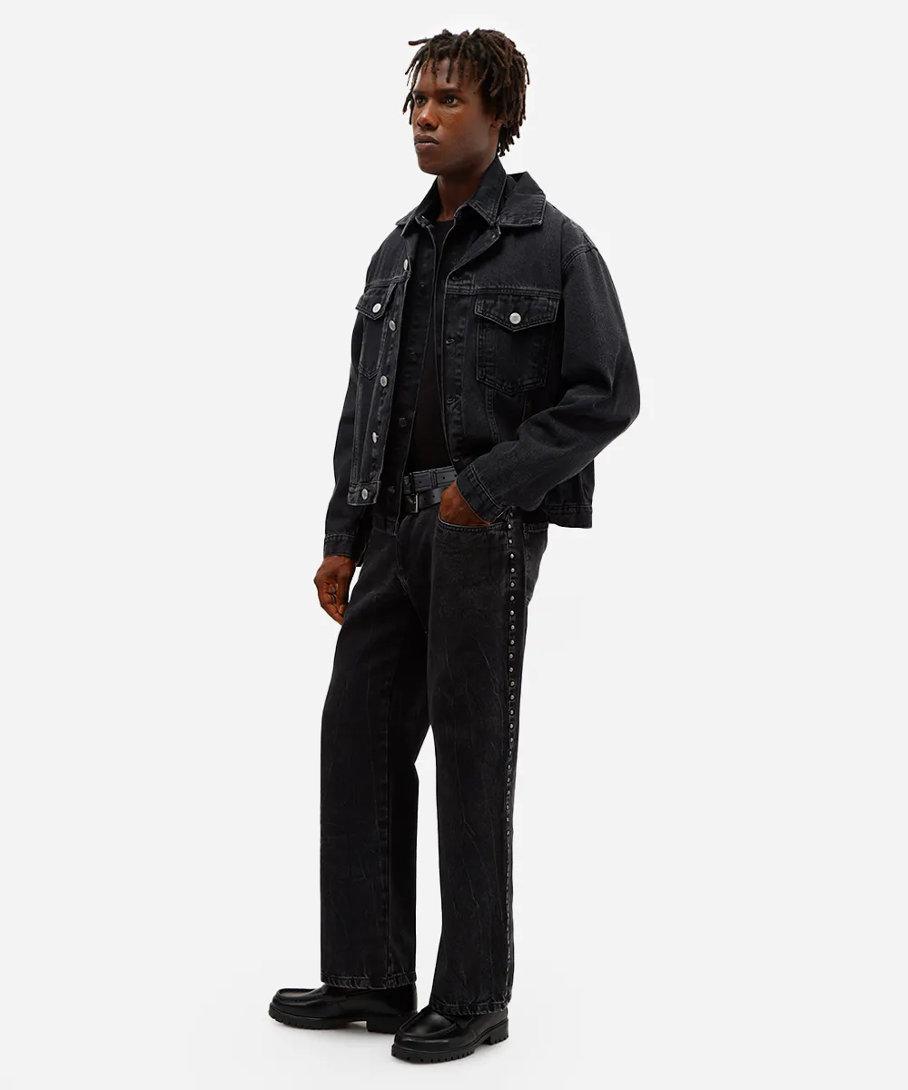 calça reta masculina jeans com tachas preta