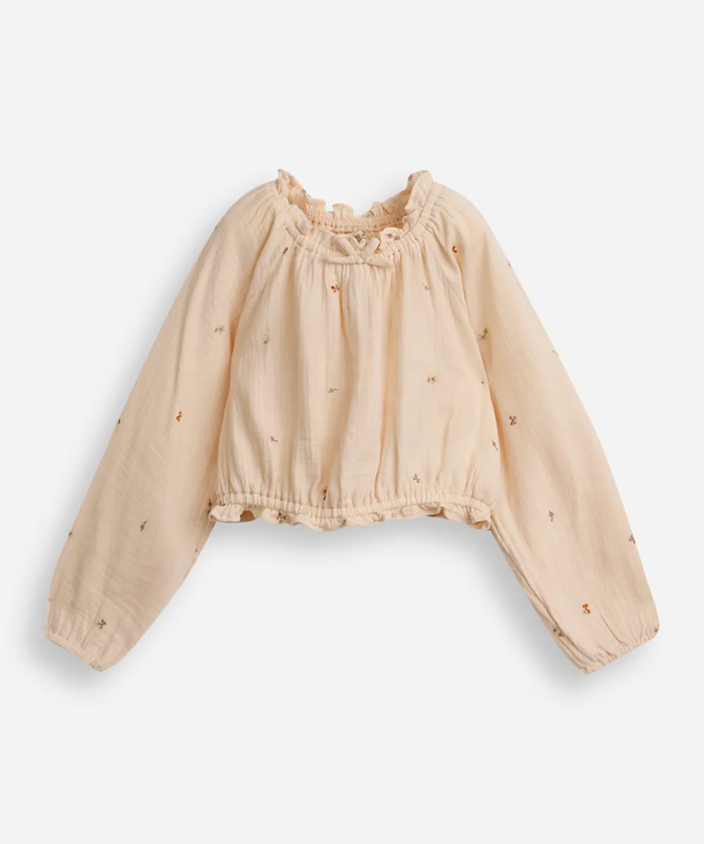blusa infantil manga bufante com bordados bege
