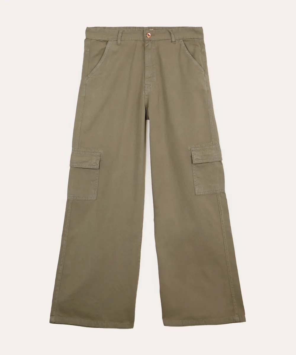 calça de sarja juvenil wide leg cargo verde