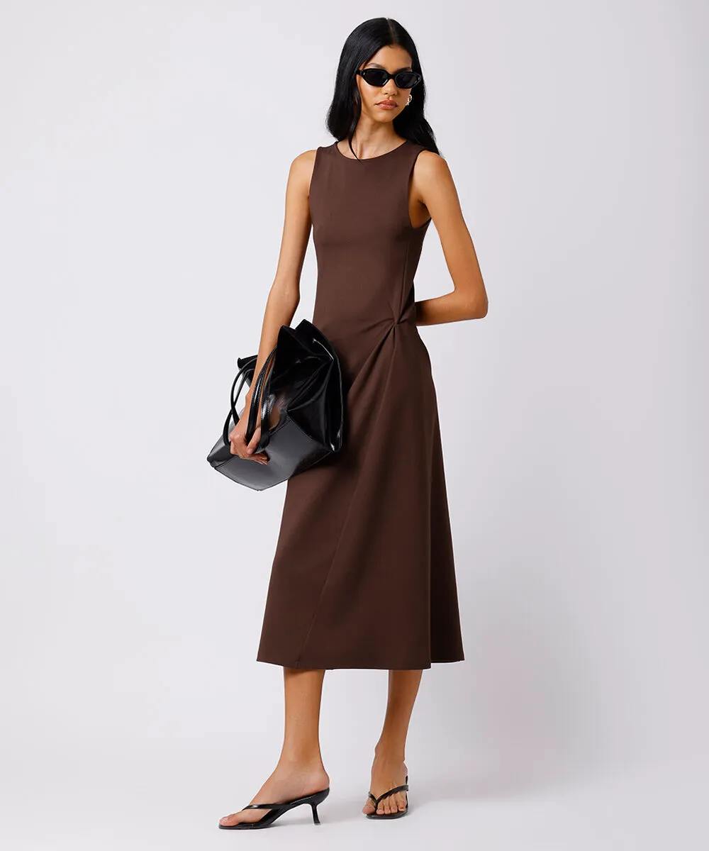 vestido midi feminino com franzido mindset marrom
