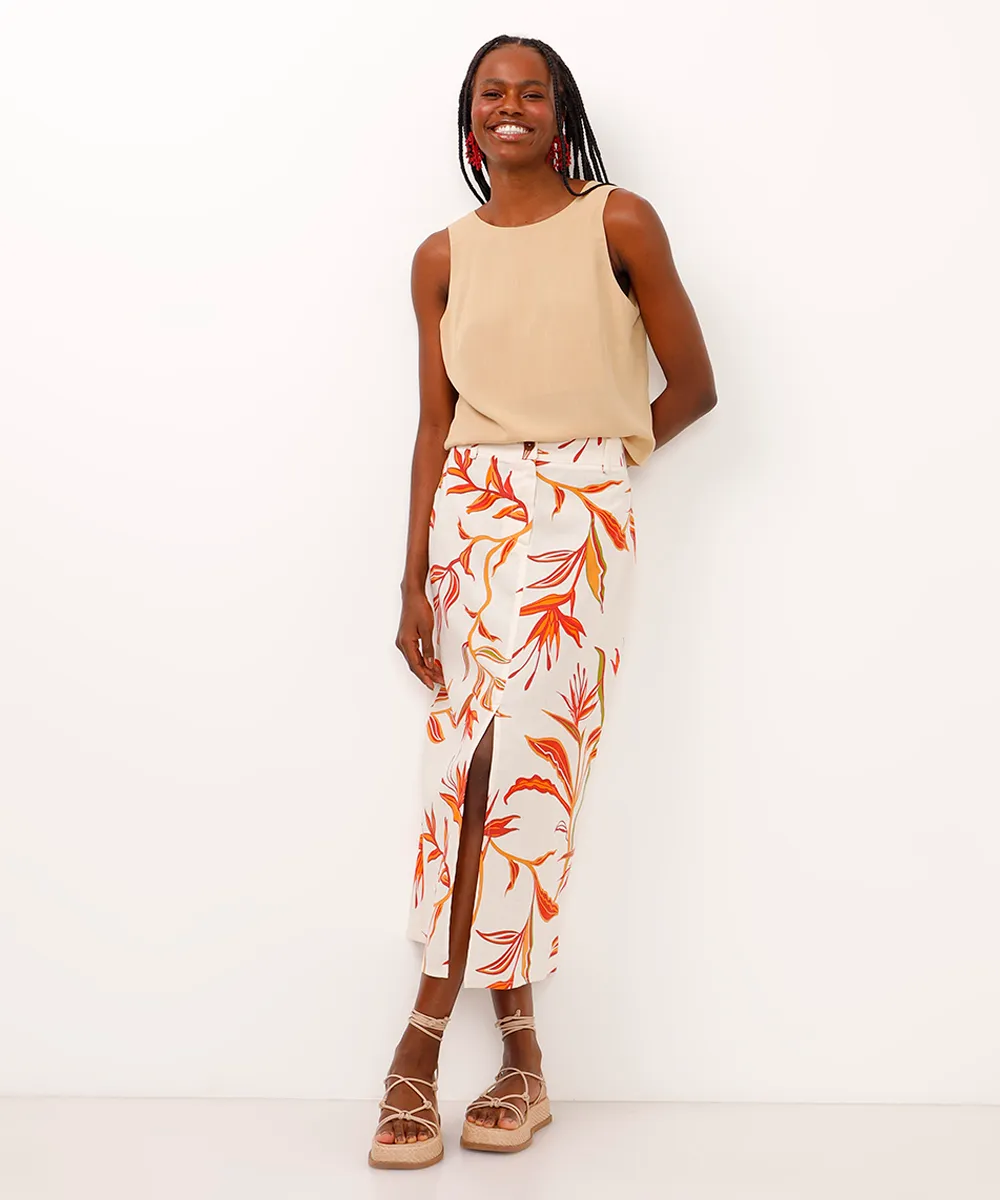 saia midi com linho cintura alta folhagem bege