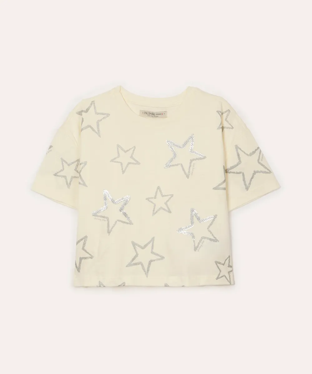 camiseta de algodão infantil estrelas com paête off white