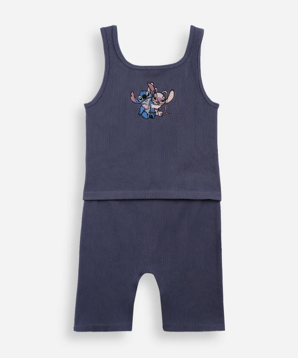 conjunto curto infantil canelado stitch e angel cinza