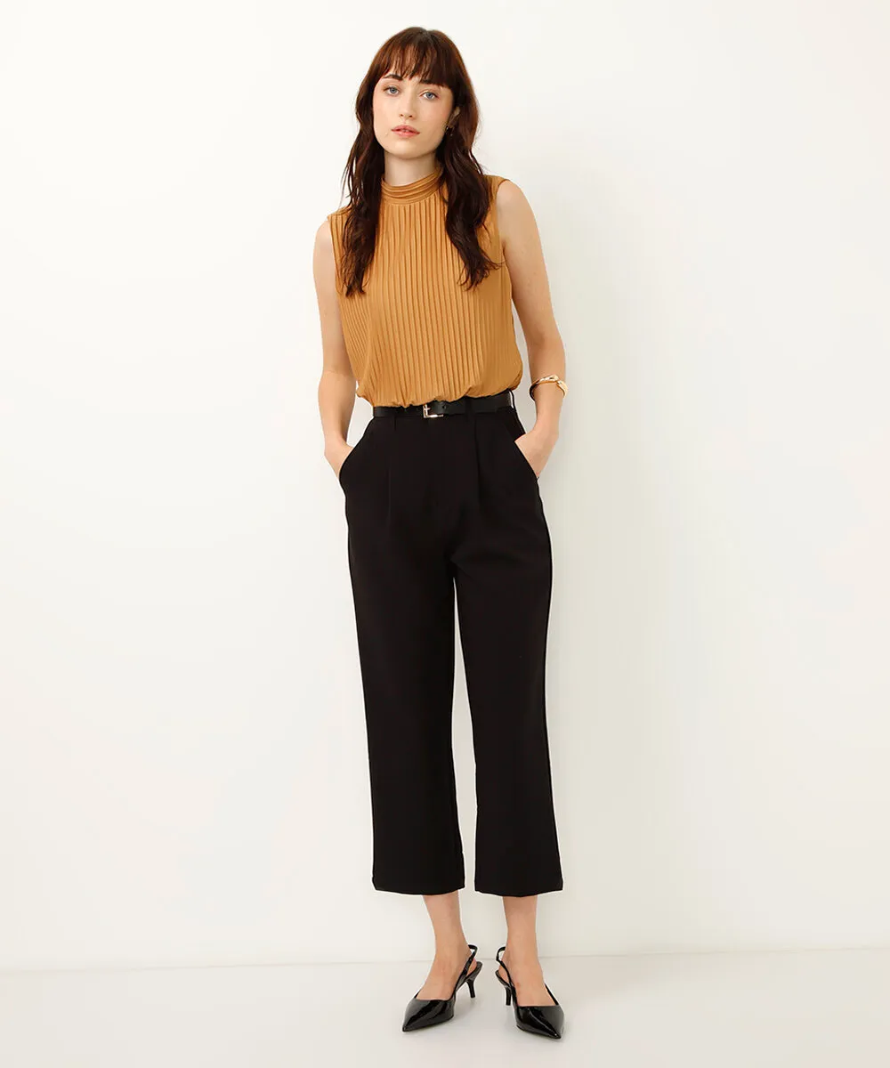 calça reta de alfaiataria com cinto preta