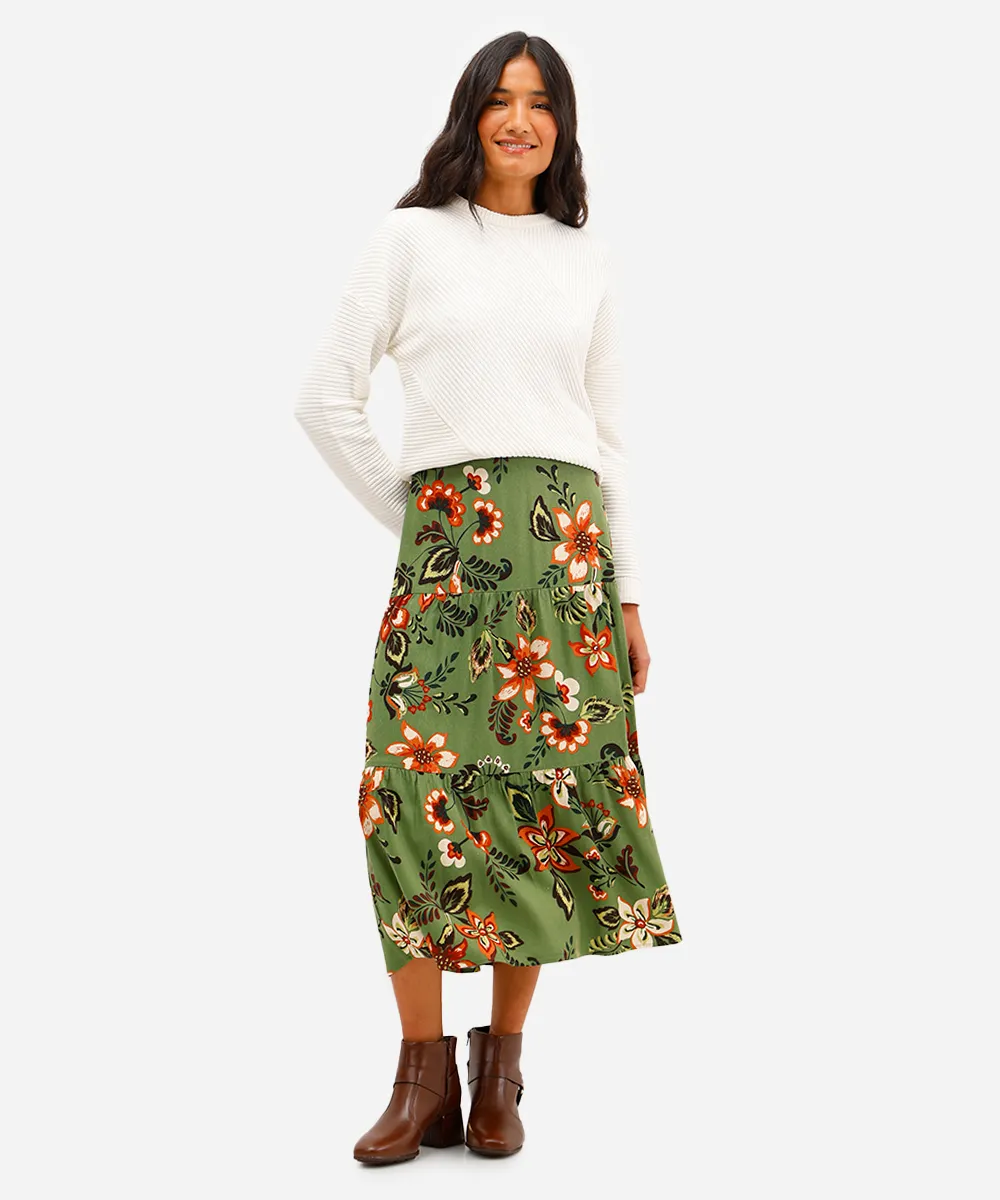 saia midi feminina com linho recortes floral verde
