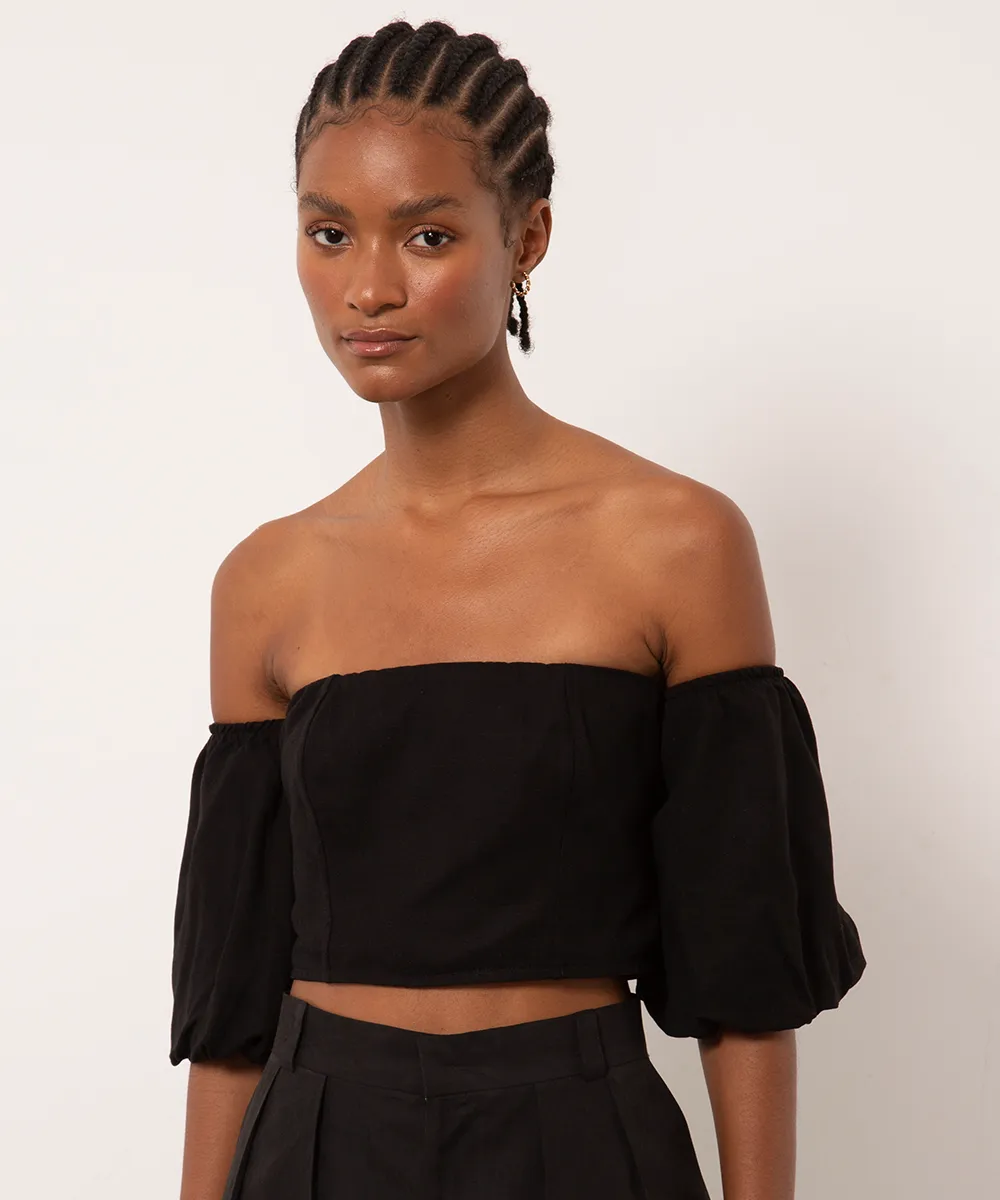 blusa com linho manga bufante mindset preto