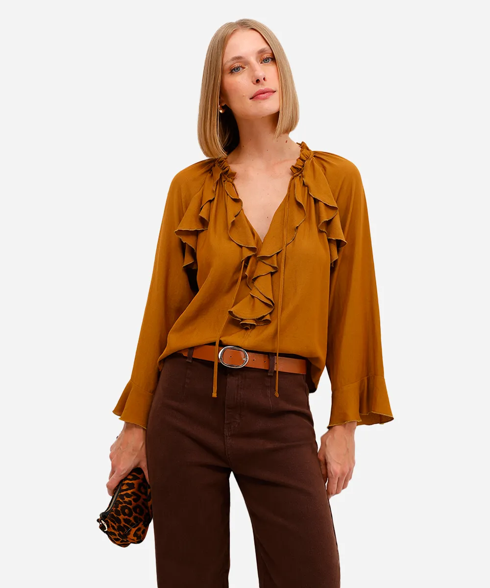 blusa feminina manga longa com babados amarela