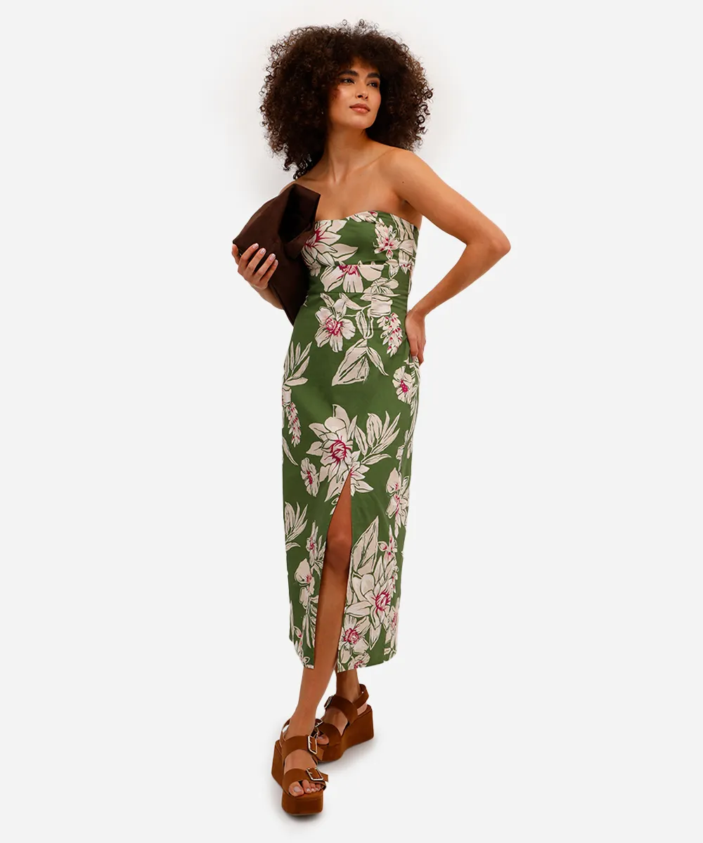 vestido midi de algodão sem alça floral verde