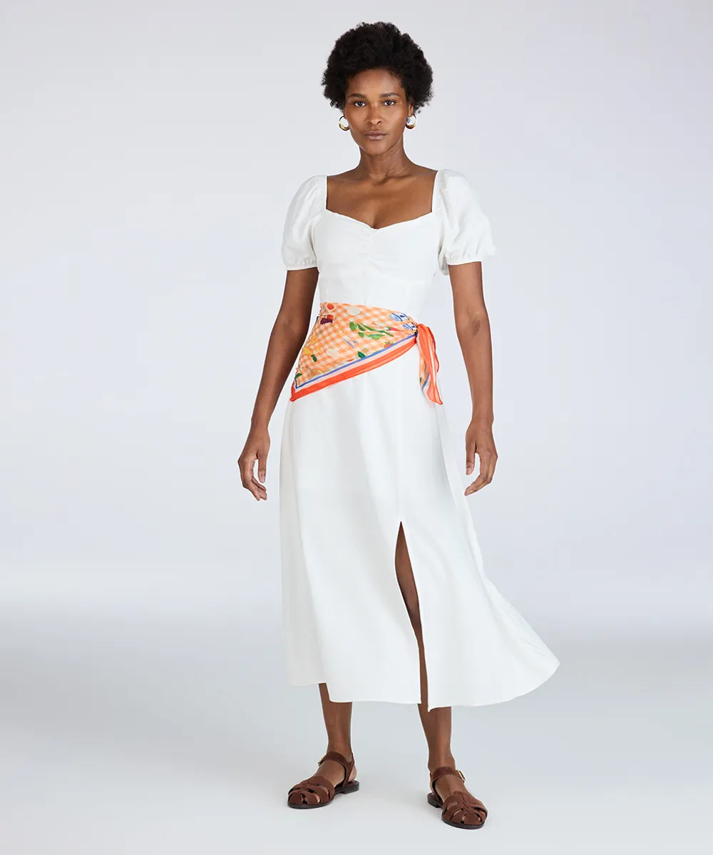 vestido midi feminino com linho decote coração manga bufante off white