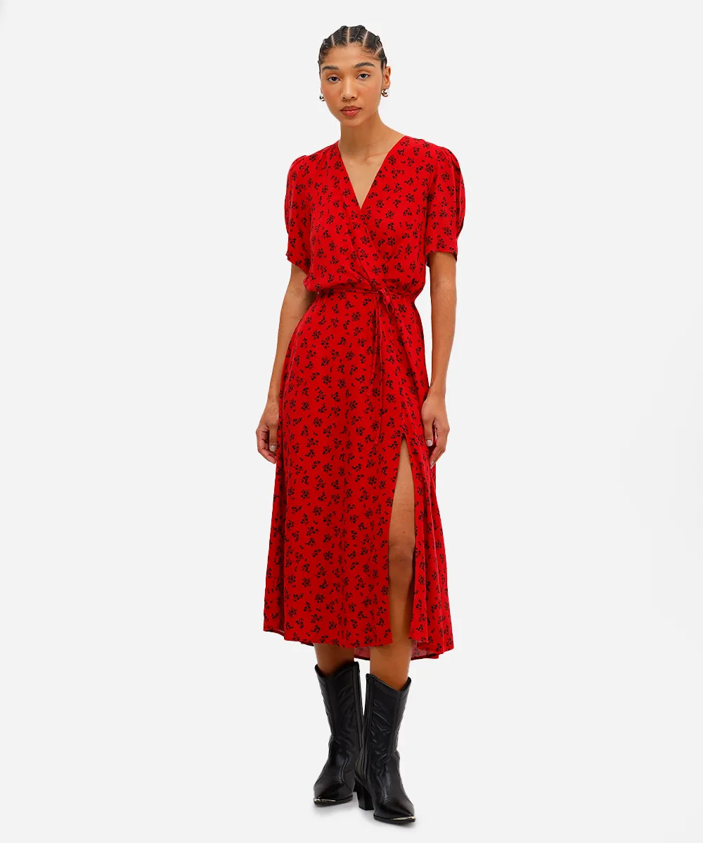 vestido midi de viscose com fenda floral vermelho