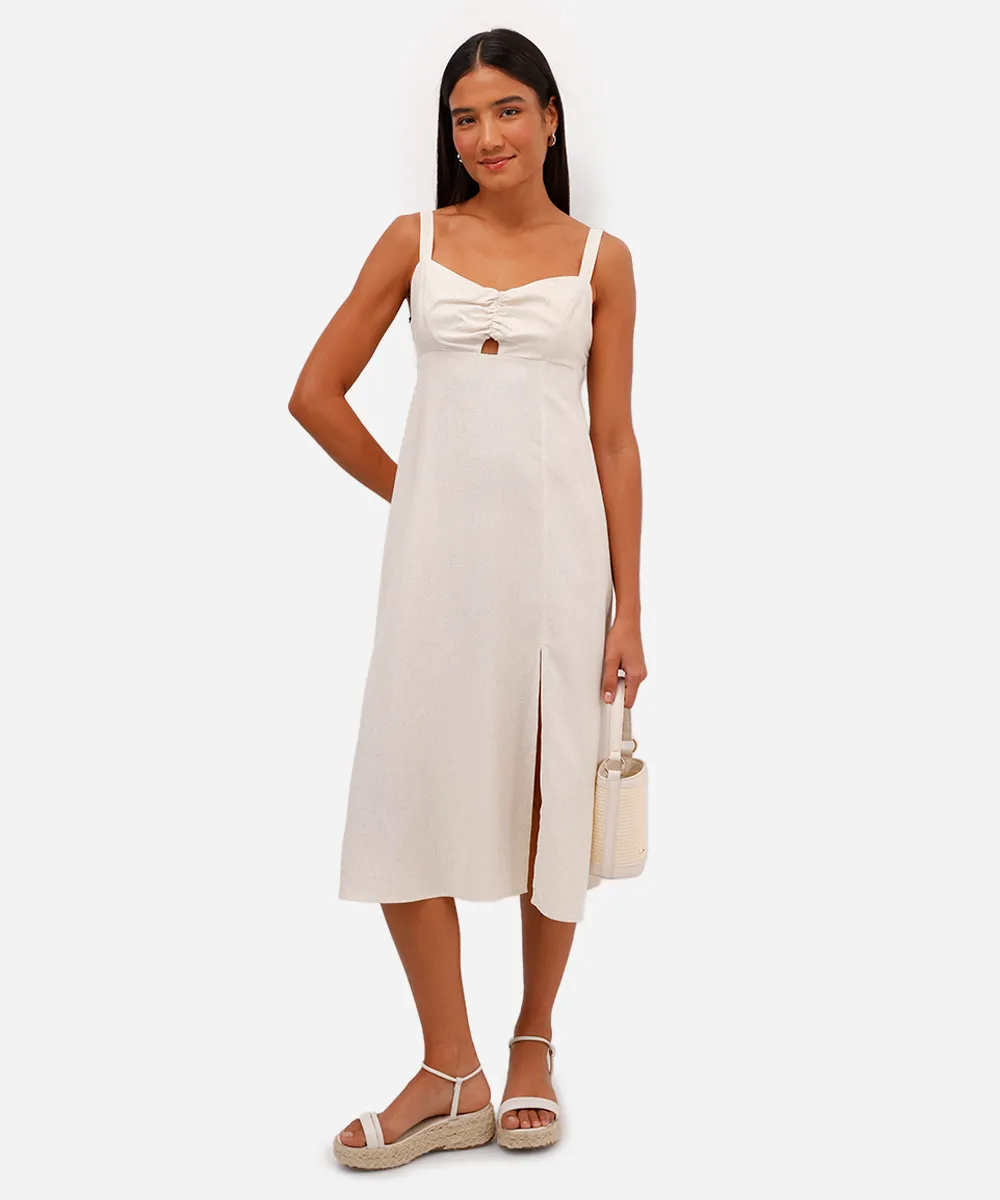vestido midi feminino com linho e recorte bege