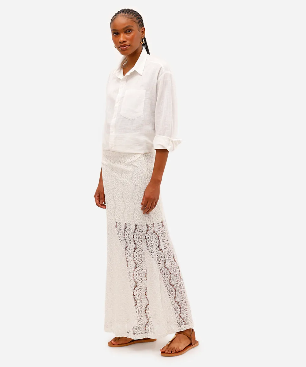 saia longa feminina de renda floral off white