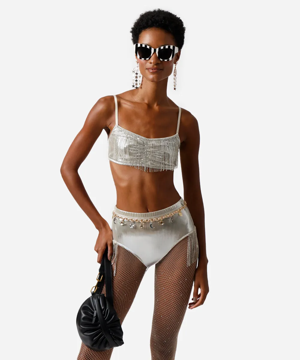 calcinha hot pant feminina com franjas e brilho metalizada prateada