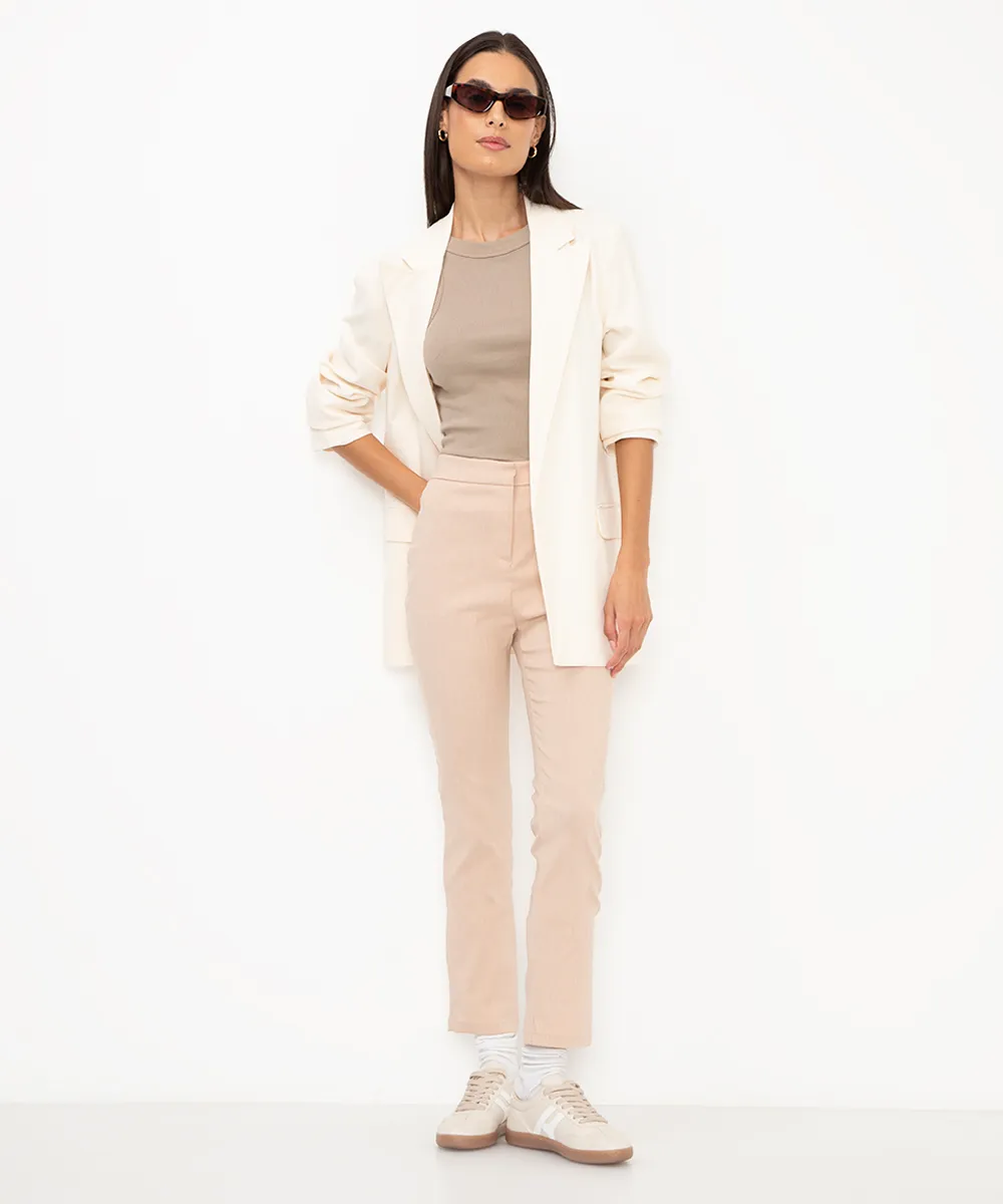 calça skinny alfaiatada cintura super alta com elástico bege